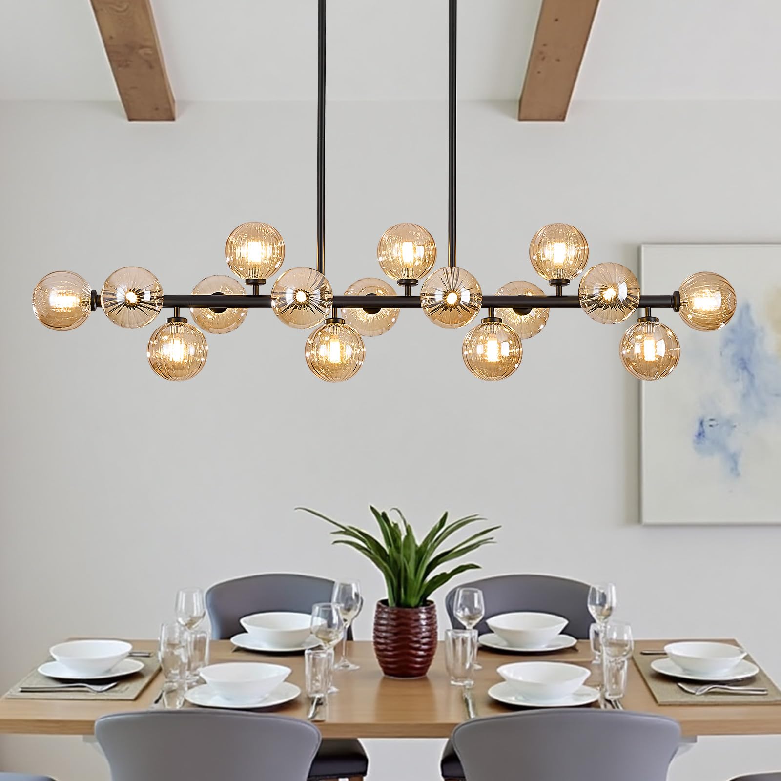 Modern Linear Chandeliers for Dining Room, 8-Light Globe Sputnik Pendant Ceiling Light, Black Dining Room Light Fixture Over Table, Mid Century Glass Milk White Bubble, 31.5 Inch, GC-09