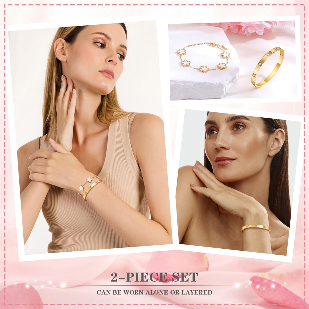 MPRAINBOW Womens Stackable Gold Bracelets Jewelry, 18K Gold Plated Floral Bangles Non Tarnish, Gold Cubic Zirconia Chain Set Trendy Gift,Christmas Valentines Birthday Gifts for Girlfriend