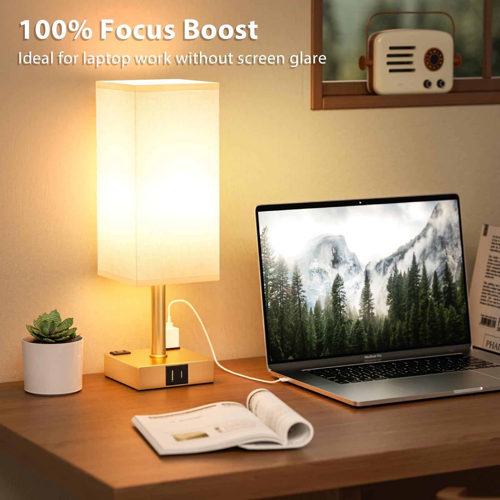 aooshine Set of 2 Touch Nightstand Lamp with USB-C+A Charge Ports& AC Outlets, 3-Way Dimmable Bedside Lamp with White Fabric Shade,Small Table Lamp for Bedroom Guest Room(Bulb Included)