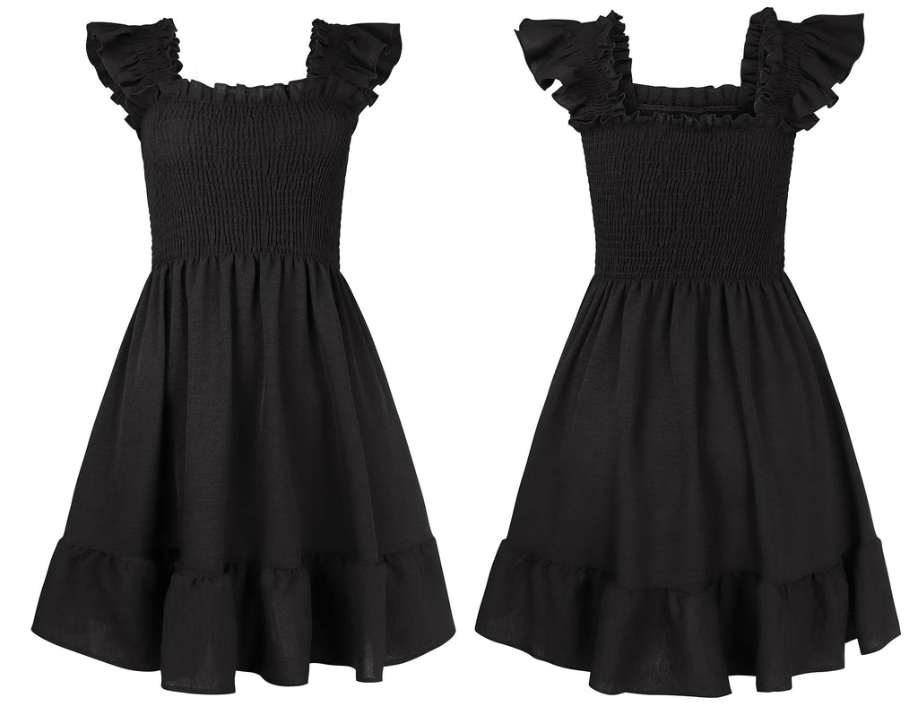 ROYLAMP Women's Smocked Dresses Square Neck Elegant Tiered Boho Ruffle Shoulder Swing Flowy Summer Casual Mini Dress