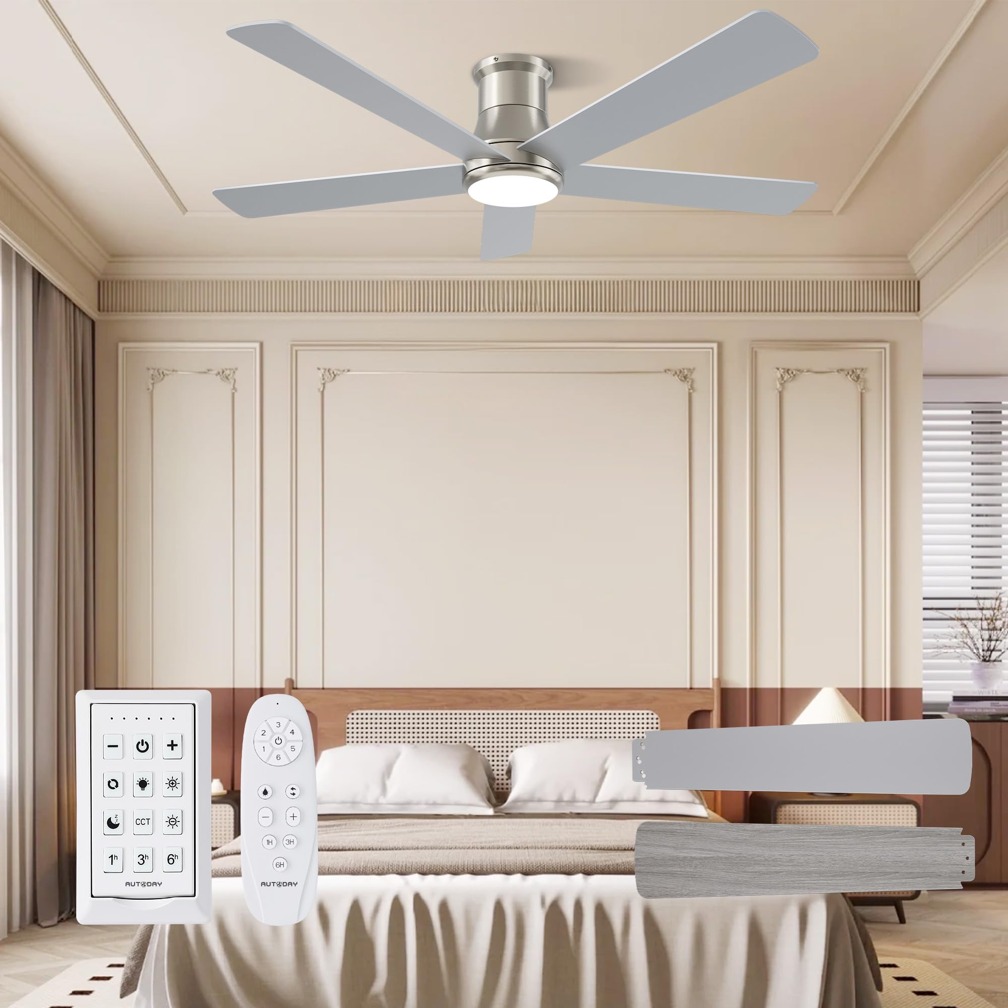 42 Inch Low Profile Ceiling Fan with Light, White Ceiling Fans with Lights and Remote, Flush Mount, 6 Speeds Reversible Quiet DC, 3CCT Dimmable, Indoor Outdoor Ceiling Fans for Patios Bedroom
