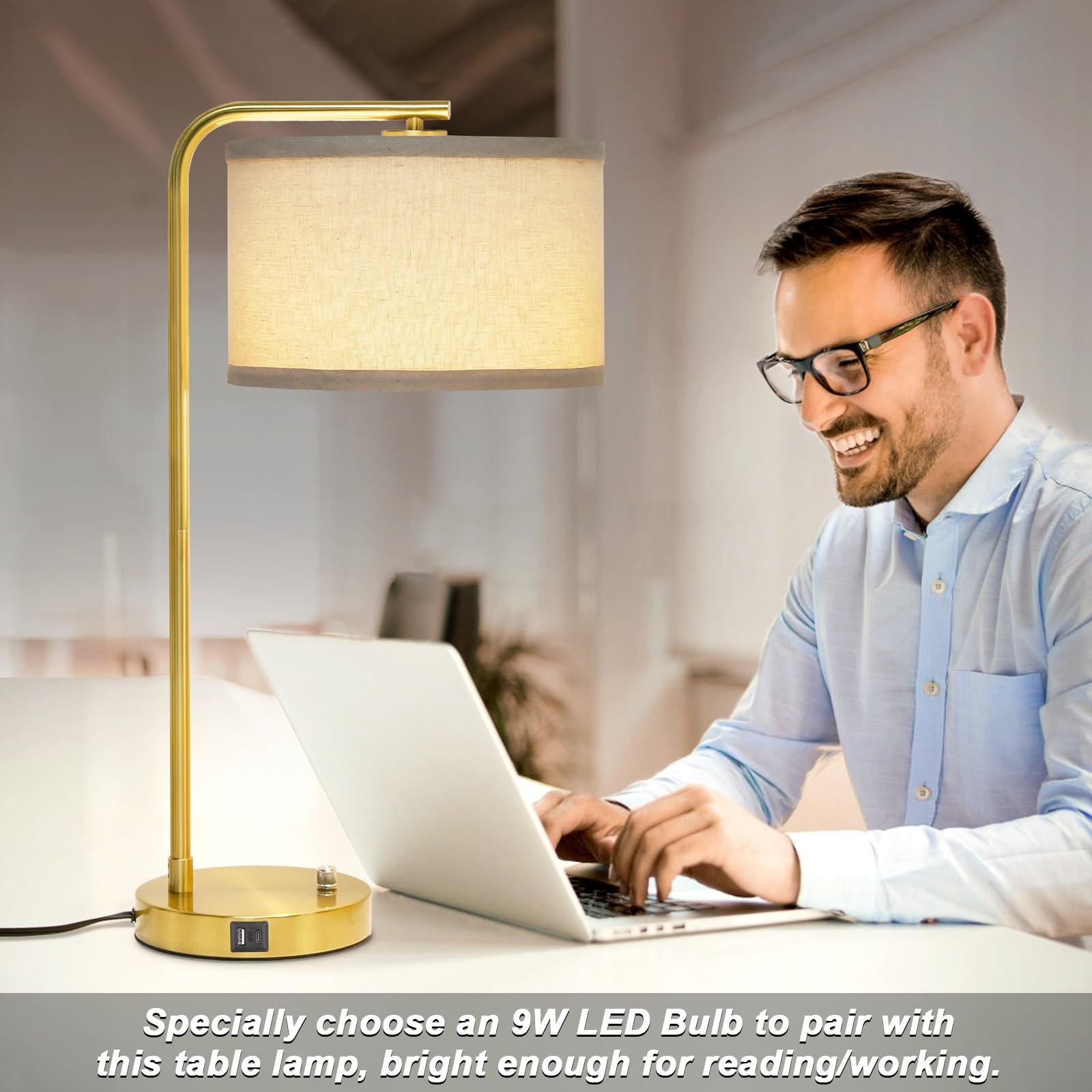 Table Lamps Set of 2, Fully Dimmable Bedside Lamp with USB C+A Charging Ports, Modern Nightstand Lamps with Linen Fabric Shades, Tall Desk Lamp for Bedroom, Living Room, Office, LED Bulb Included