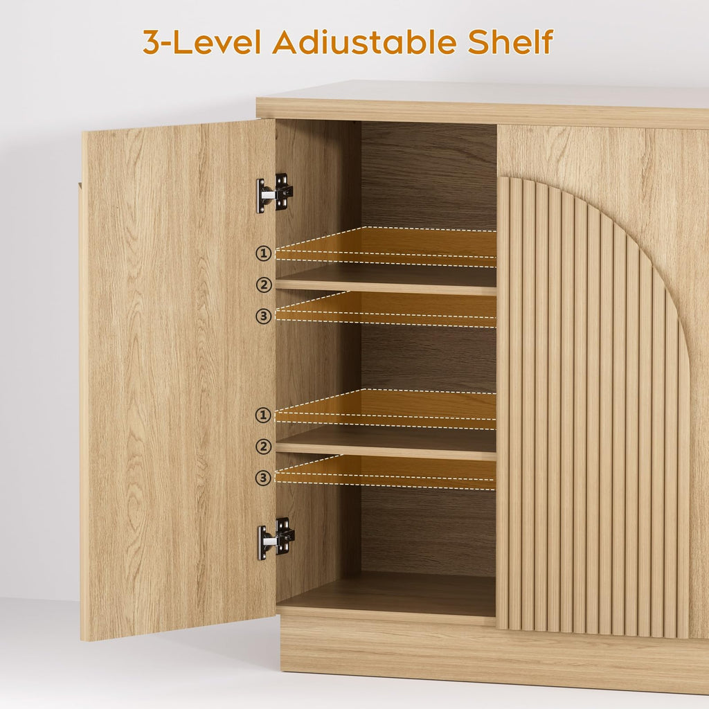 Yechen 55" Fluted Sideboard Buffet Cabinet with Storage, Wood Mid Century Modern Credenza Cabinet w/Arched Reeded Doors & Adjustable Shelves for Kitchen, Living Room, Entryway