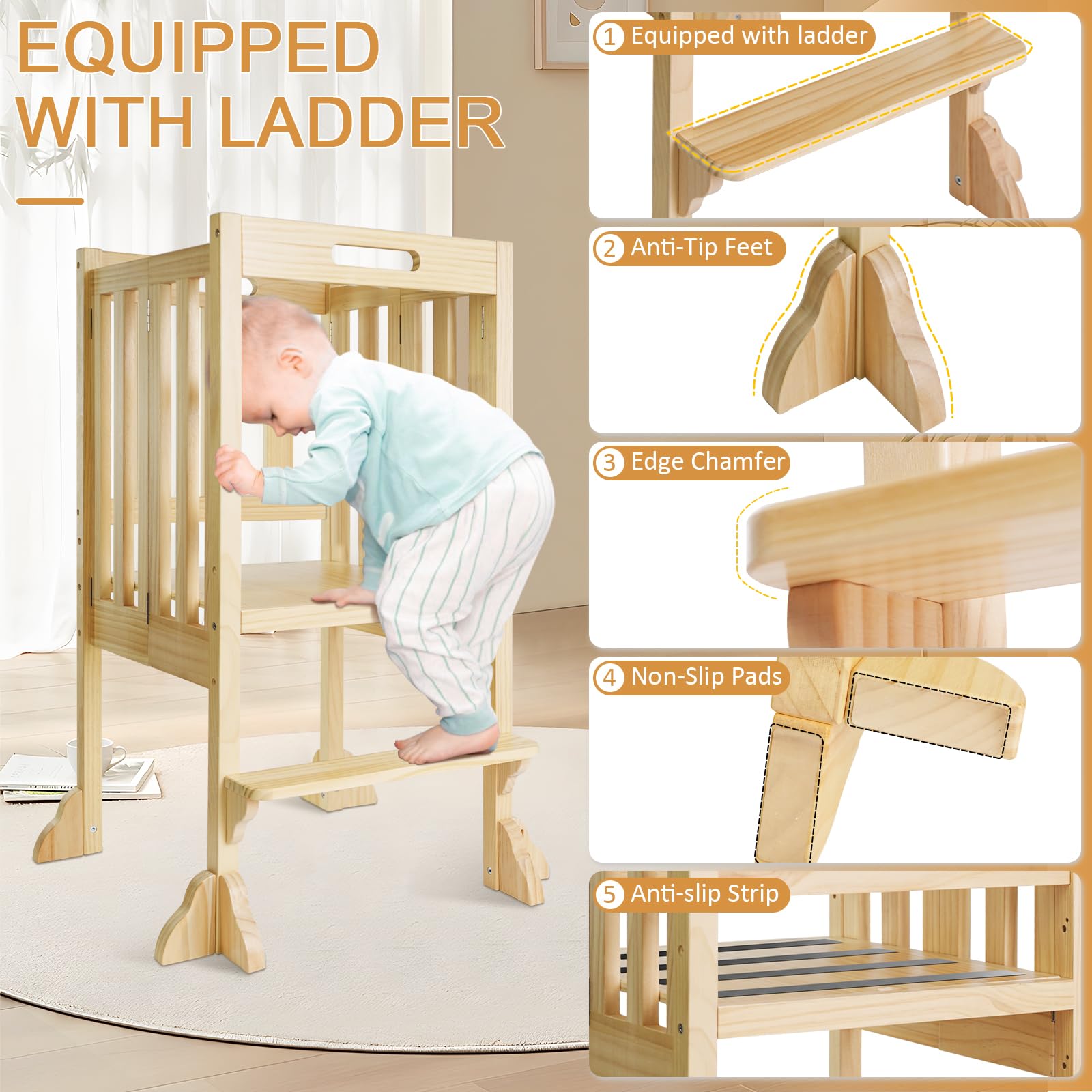 Foldable Toddler Learning Standing Tower, WOOD CITY Montessori Kitchen Step Stool Ideal Helper with 3 Adjustable Heights for Learning New Skills(Natural)