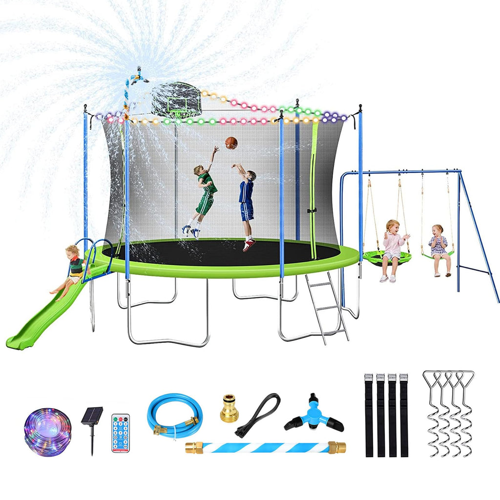 Lyromix 12FT Trampoline with Slide and Swings, ASTM Approved Large Recreational Tranpoline with Sprinkler, Basketball Hoop and Net, Capacity for 5-7 Kids Adults, Green