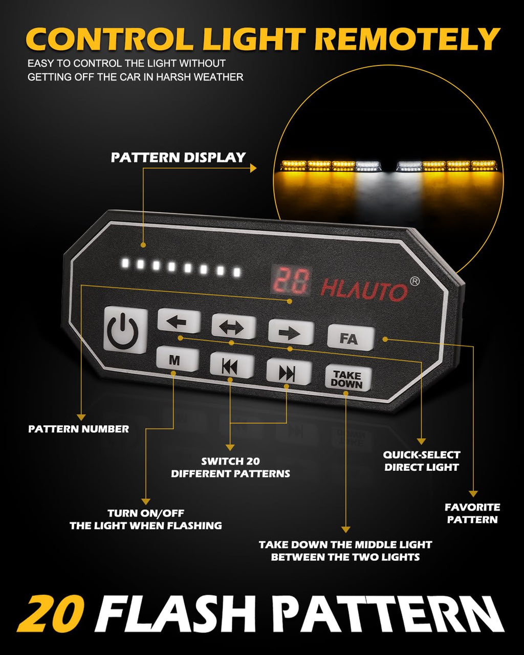 HLauto 604N Emergency Dash Strobe Lights: 2x16.8 inch Amber White Security Light w/Take Down, 48 LED Safety Flashing Warning Hazard Interior Windshield Light Bar for Truck Vehicle