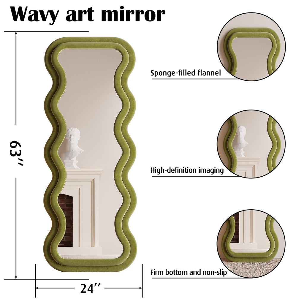 BOJOY Full Length Mirror, 63" x 24" Wall Mirror, Flannel Wrapped Wooden Frame Floor Mirror, Irregular Wavy Mirror Hanging or Leaning Against Wall for Cloakroom/Bedroom/Living Room, Black