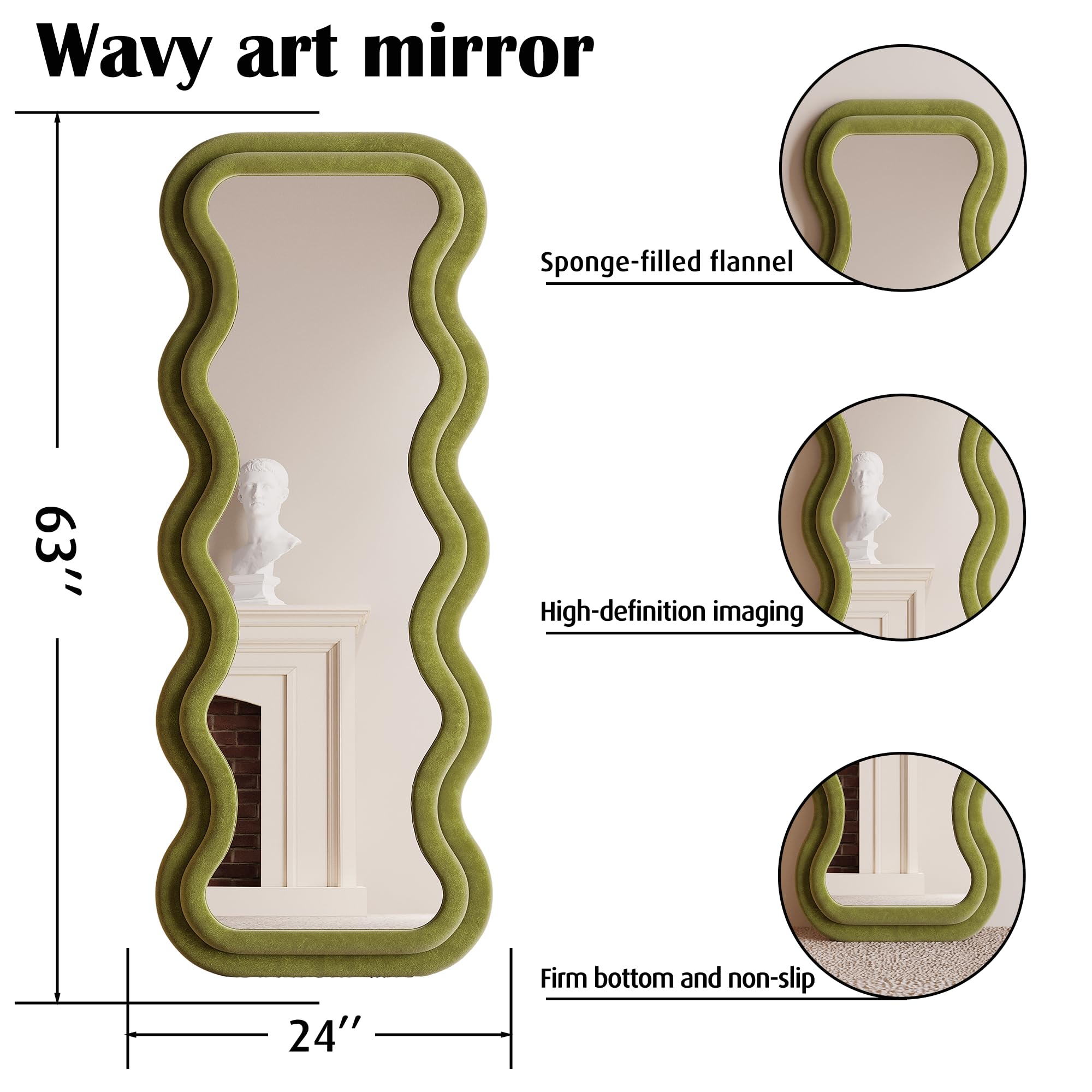 BOJOY Full Length Mirror, 63" x 24" Wall Mirror, Flannel Wrapped Wooden Frame Floor Mirror, Irregular Wavy Mirror Hanging or Leaning Against Wall for Cloakroom/Bedroom/Living Room, Black