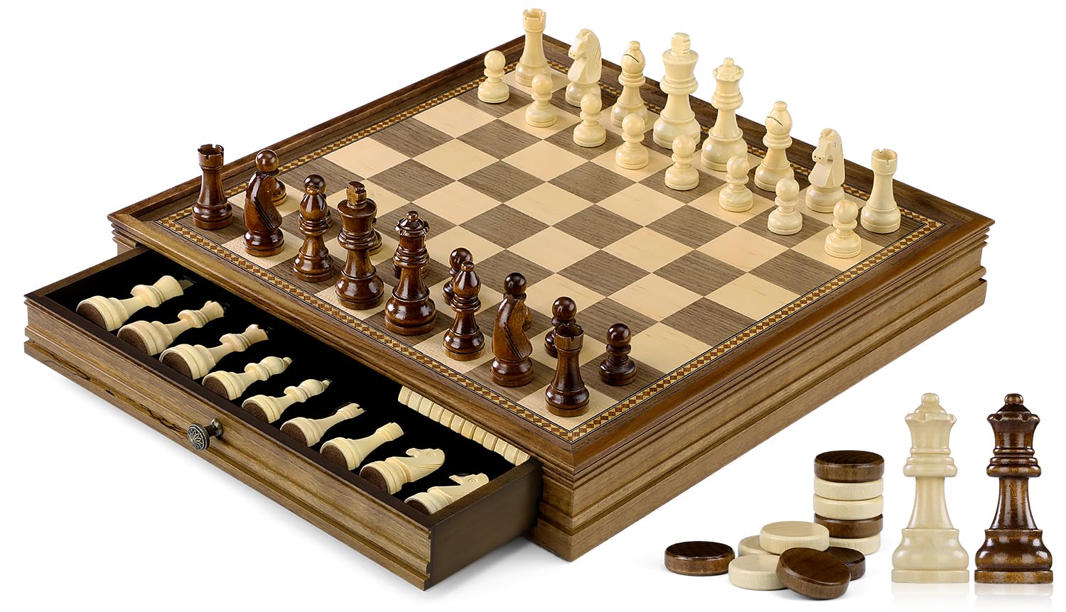 Peradix Magnetic Chess and Checkers Set with 2 Built-in Storage Drawers, Classic 2 in 1 Wooden Board Games, Magnetic Chess Pieces 2 Extra Queens, 12.8" Chess Set for Adults and Kids Gift Package
