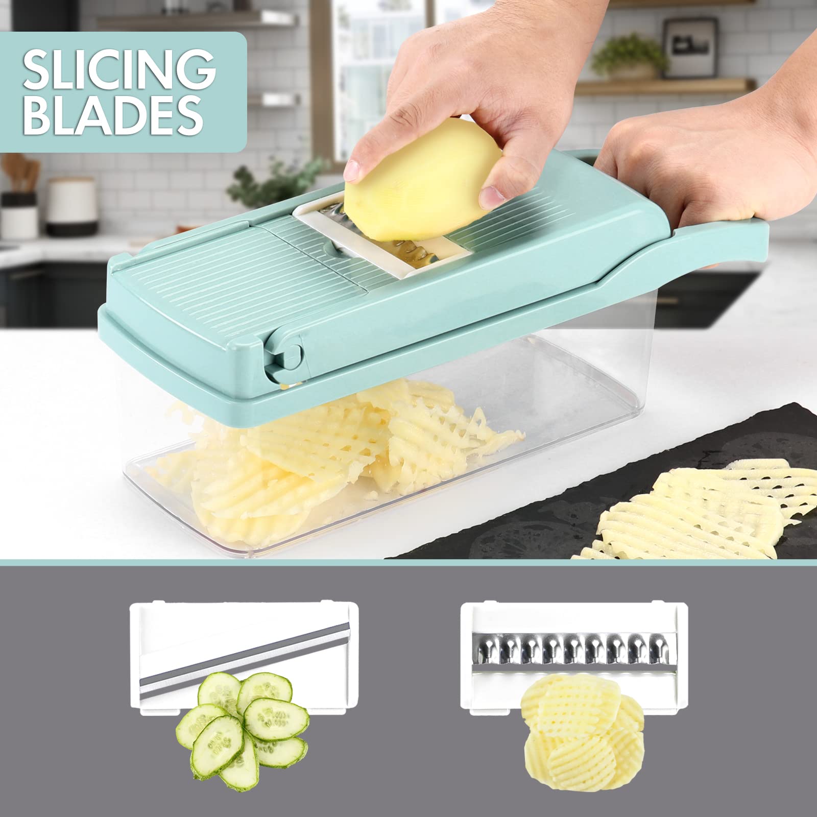 Ourokhome Vegetable Chopper Onion Cutter, 12 in 1 Professional Mandoline Slicer for Kitchen, Multifunctional Food Chopper for Potato, Tomato, Veggie with Strainer Basket, 8 Blades, Blue
