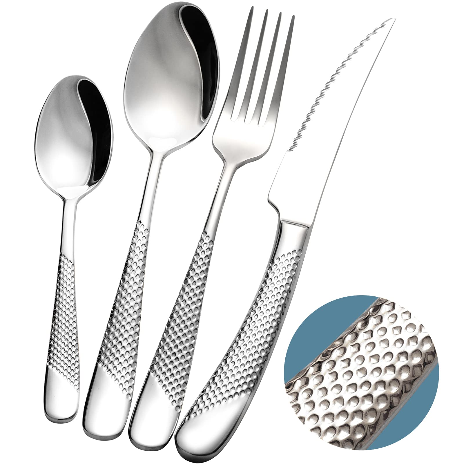 16-Piece Modern Black Hammered Silverware Set with Ultra Sharp 2-IN-1 Serrated Knives, 18/10 Stainless Steel Flatware Set, Titanium Plated Cutlery Set Service for 4, Dishwasher Safe
