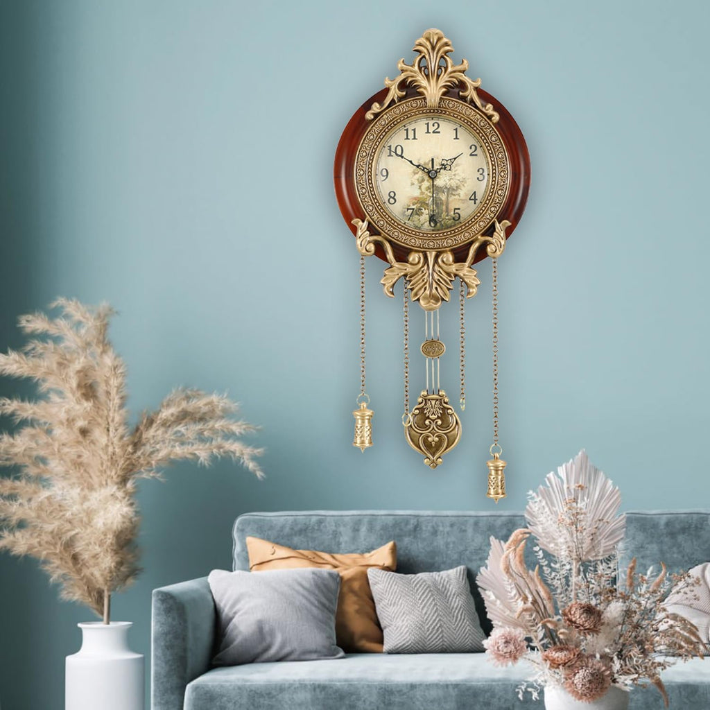 Aero Snail Dia 9-inch Retro Style Vintage Wood Indoor Wall Clock with Swinging Pendulum (Requires 2 AA Batteries for Clock Hands and Pendulum)