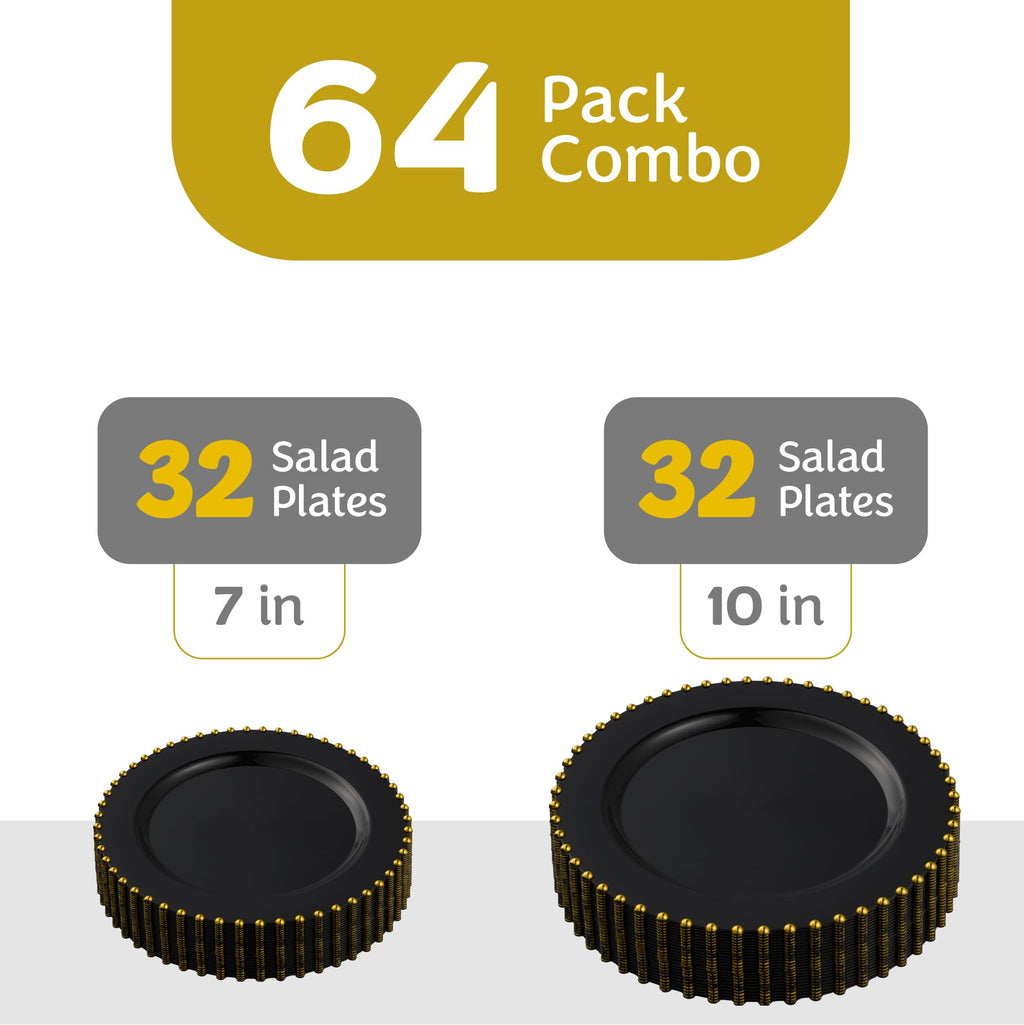 PLASTICPRO 32 Piece Combo Plastic Dinner Plates Disposable Plastic Fancy Heavy Duty Party Dishes 7 inch and 10 inch, Black and Gold Beaded