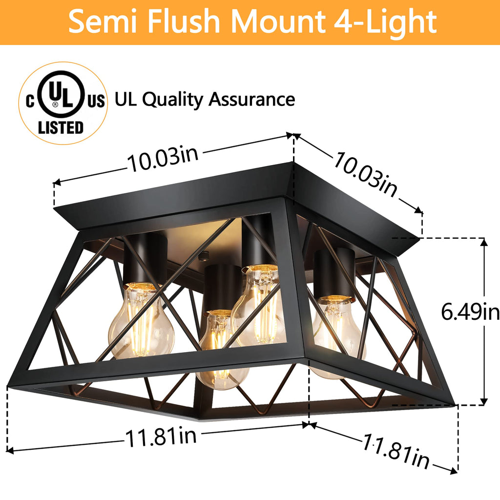 FadimiKoo 2-Light Black Flush Mount Ceiling Light Fixture, Industrial Hallway Light Fixtures Ceiling Mount for Farmhouse Kitchen, Square Cage Ceiling Lamp for Dining Room, Living Room, Entryway