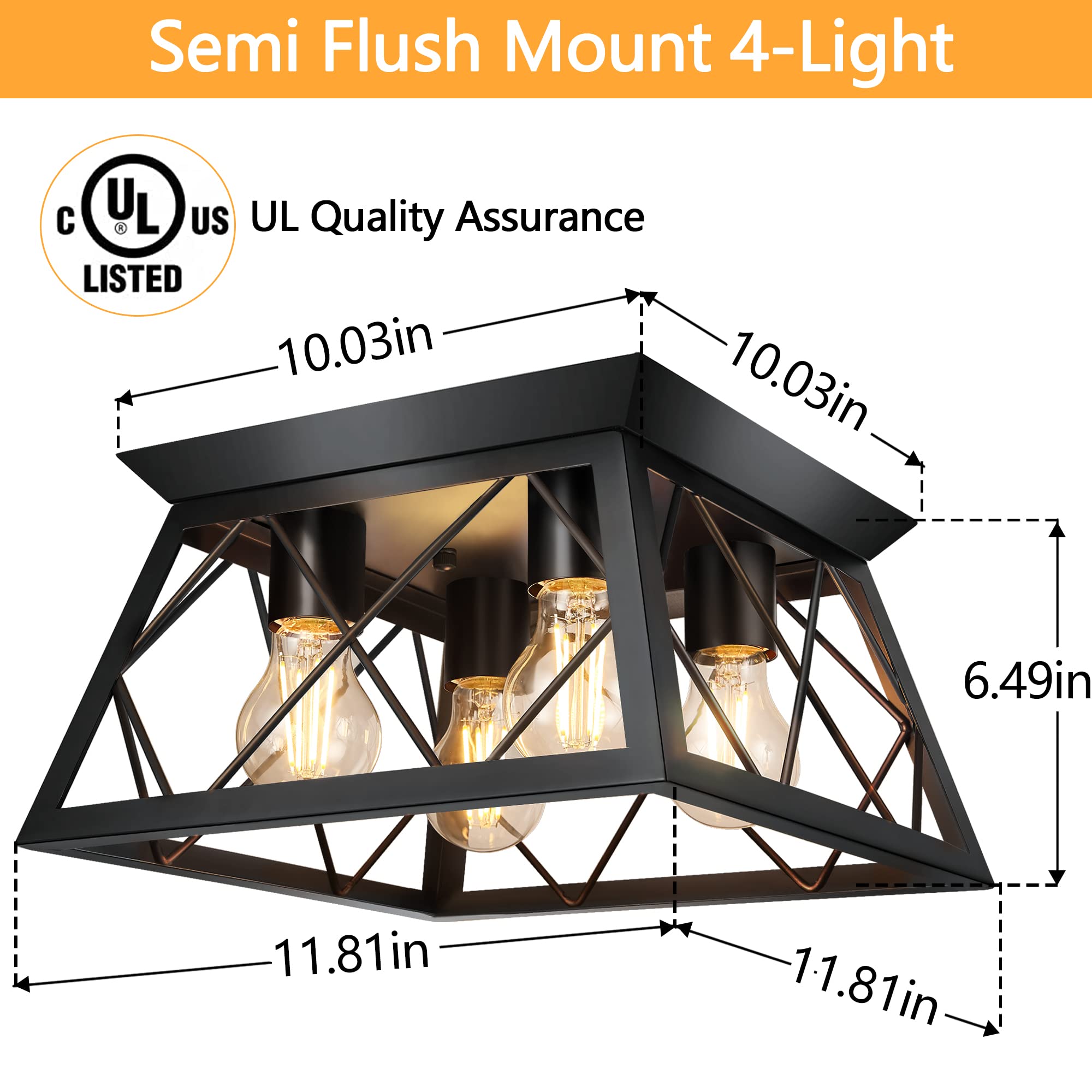 FadimiKoo 2-Light Black Flush Mount Ceiling Light Fixture, Industrial Hallway Light Fixtures Ceiling Mount for Farmhouse Kitchen, Square Cage Ceiling Lamp for Dining Room, Living Room, Entryway