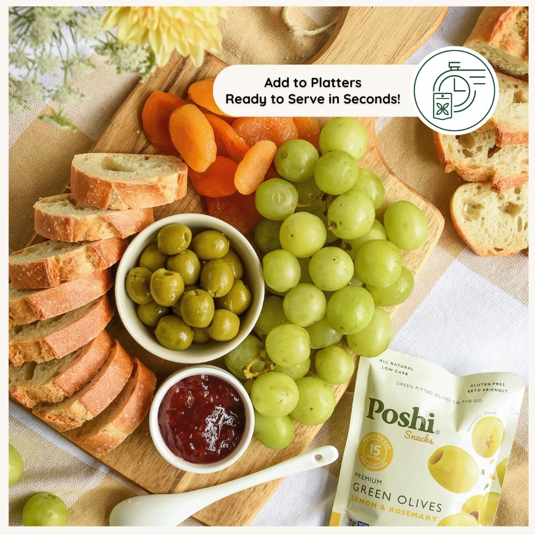 POSHI Green Pitted Olives - Basil & Garlic | Vegan, Kosher, Gluten Free + Keto Friendly, Fresh, Low Calorie Healthy Snacks | (30 Pack, 1.1oz Bags)