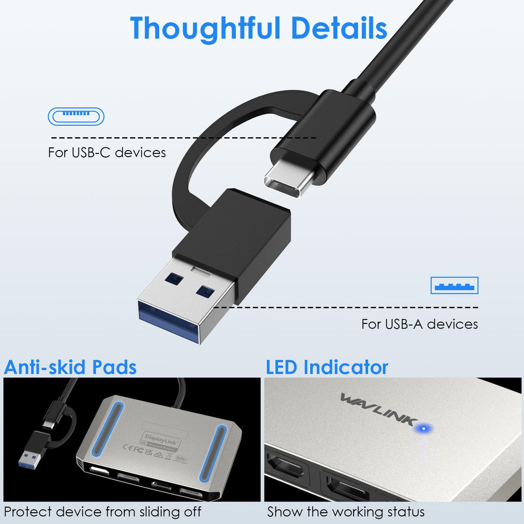 WAVLINK USB C or USB 3.0 to Dual HDMI/DisplayPort Adapter, Displaylink Monitor Splitter Extended Display for Dual Monitor 4K@60Hz, HDMI/DP Splitter Compatible with Mac M1-M5/Neo,Window Laptop-Black