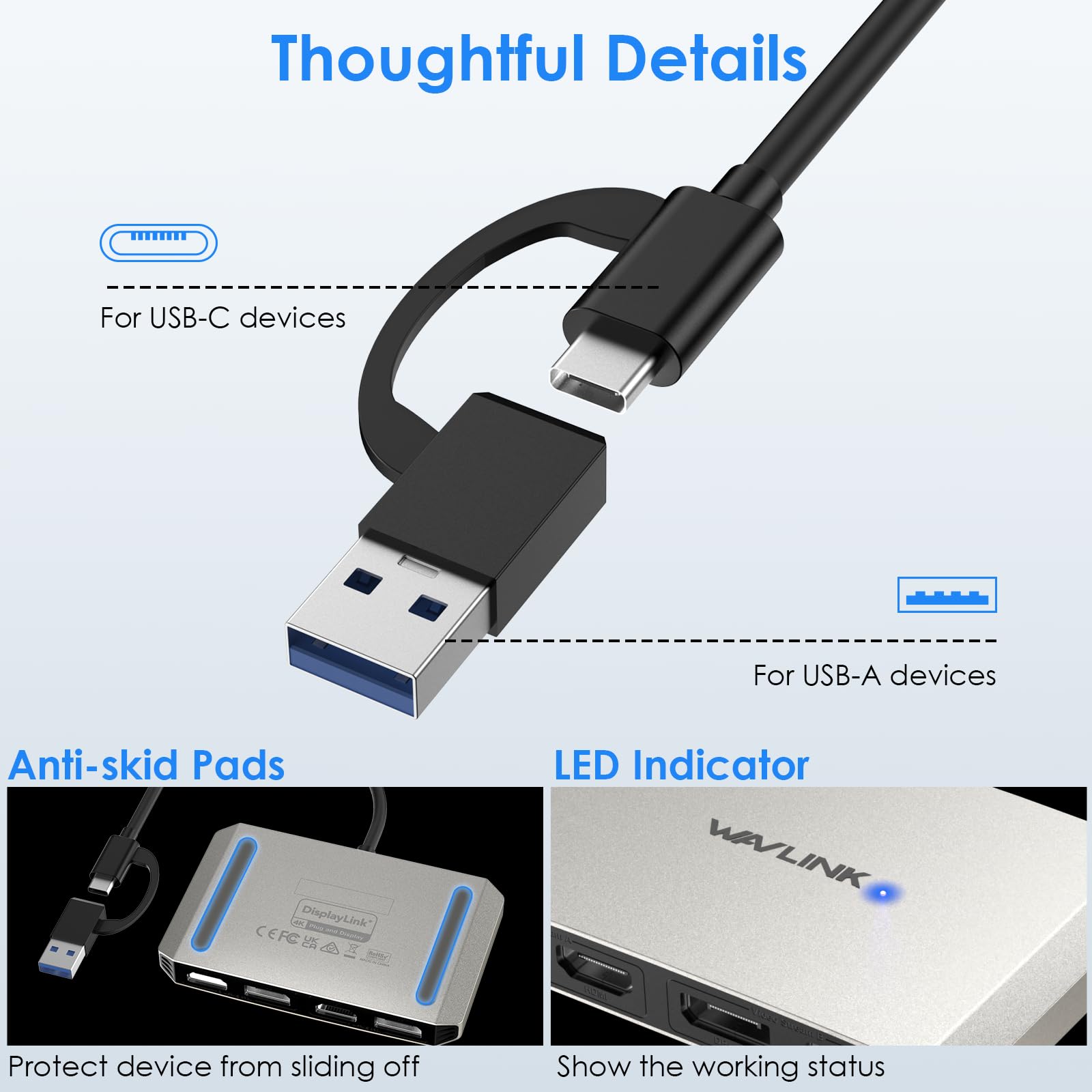 WAVLINK USB C or USB 3.0 to Dual HDMI/DisplayPort Adapter, Displaylink Monitor Splitter Extended Display for Dual Monitor 4K@60Hz, HDMI/DP Splitter Compatible with Mac M1-M5/Neo,Window Laptop-Black