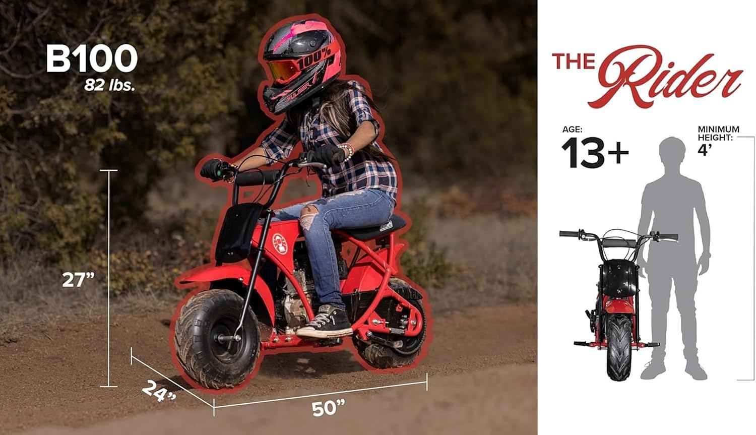 Coleman Powersports B100 105cc Gas Powered Minibike for Kids and Adults, 1-Cylinder, 4-Stroke, 22 Mph, 150 lbs Maximum Load, Ideal for Off-Road and Trail Riding