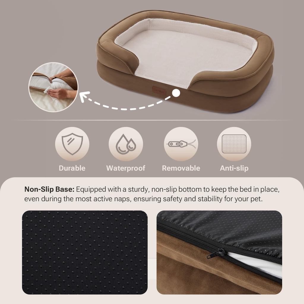 Soft Touch Orthopedic Dog Bed for Large Dogs with Faux Fur Top, Waterproof Pet Couch Bed with Removable Washable Cover and Supportive Foam Filling (Grey, Large)