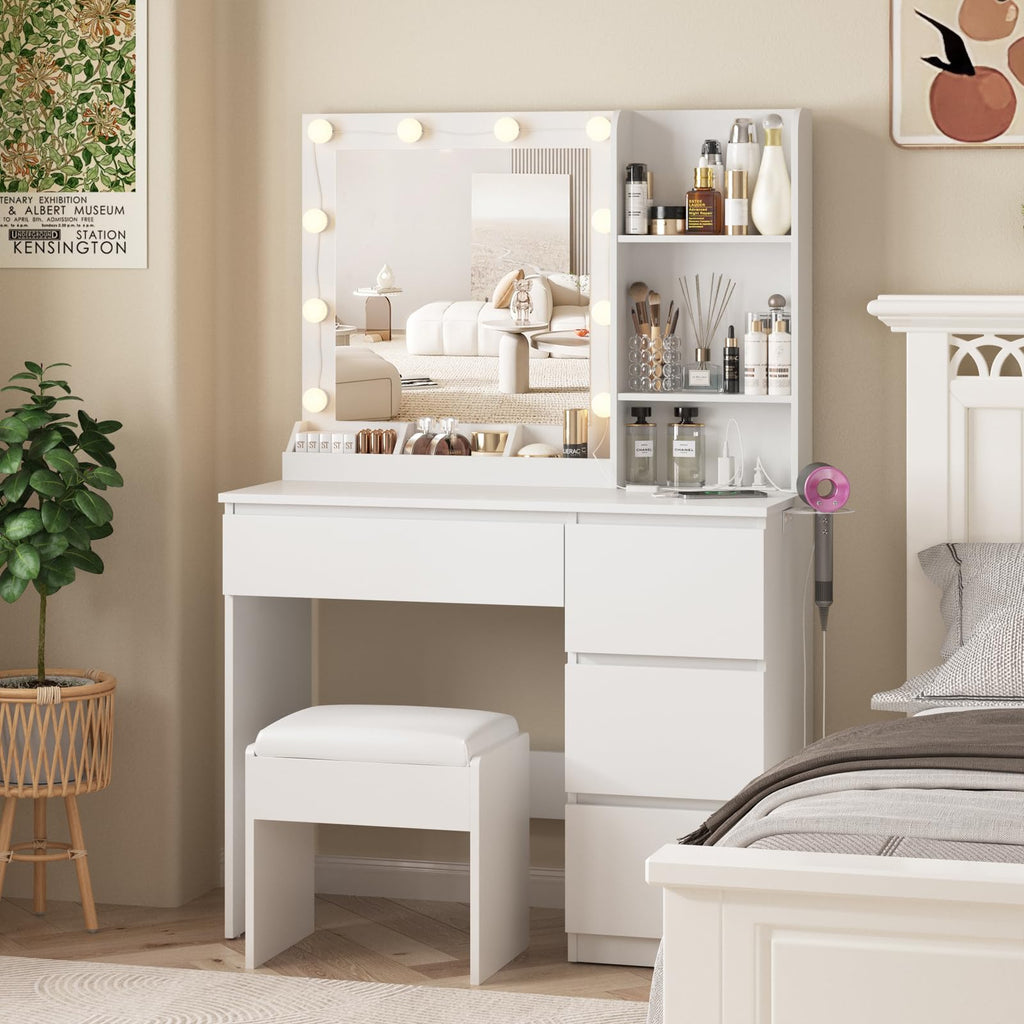 Vabches Makeup Vanity with Lights, 37inch Vanity Desk, 4 Large Drawers Dresser with Lighted Mirror, 3 Lighting Modes Brightness Adjustable, White