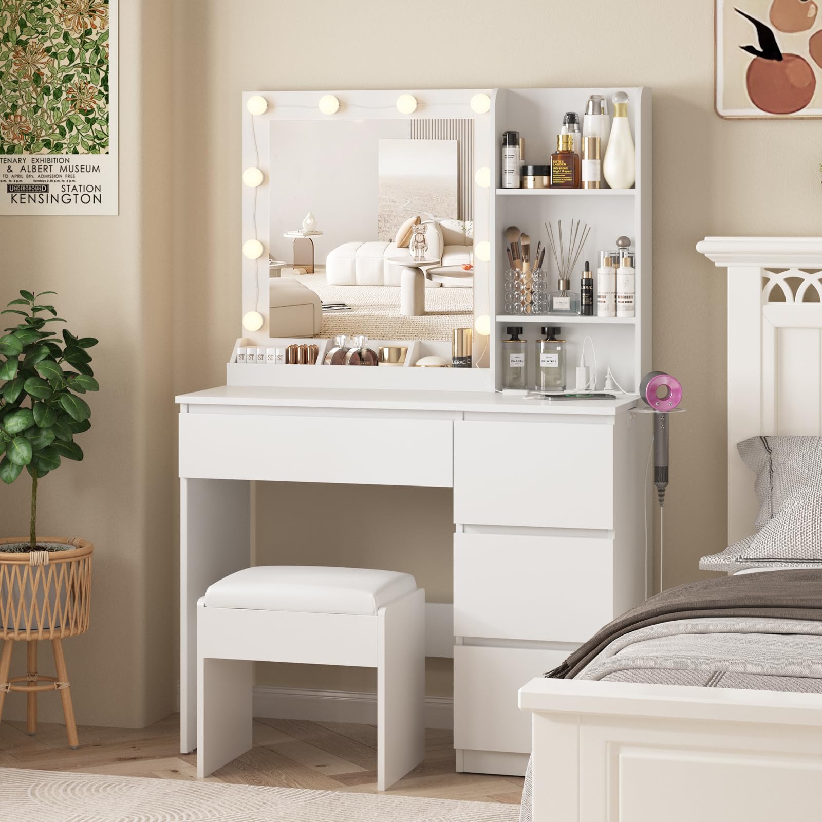 Vabches Makeup Vanity with Lights, 37inch Vanity Desk, 4 Large Drawers Dresser with Lighted Mirror, 3 Lighting Modes Brightness Adjustable, White