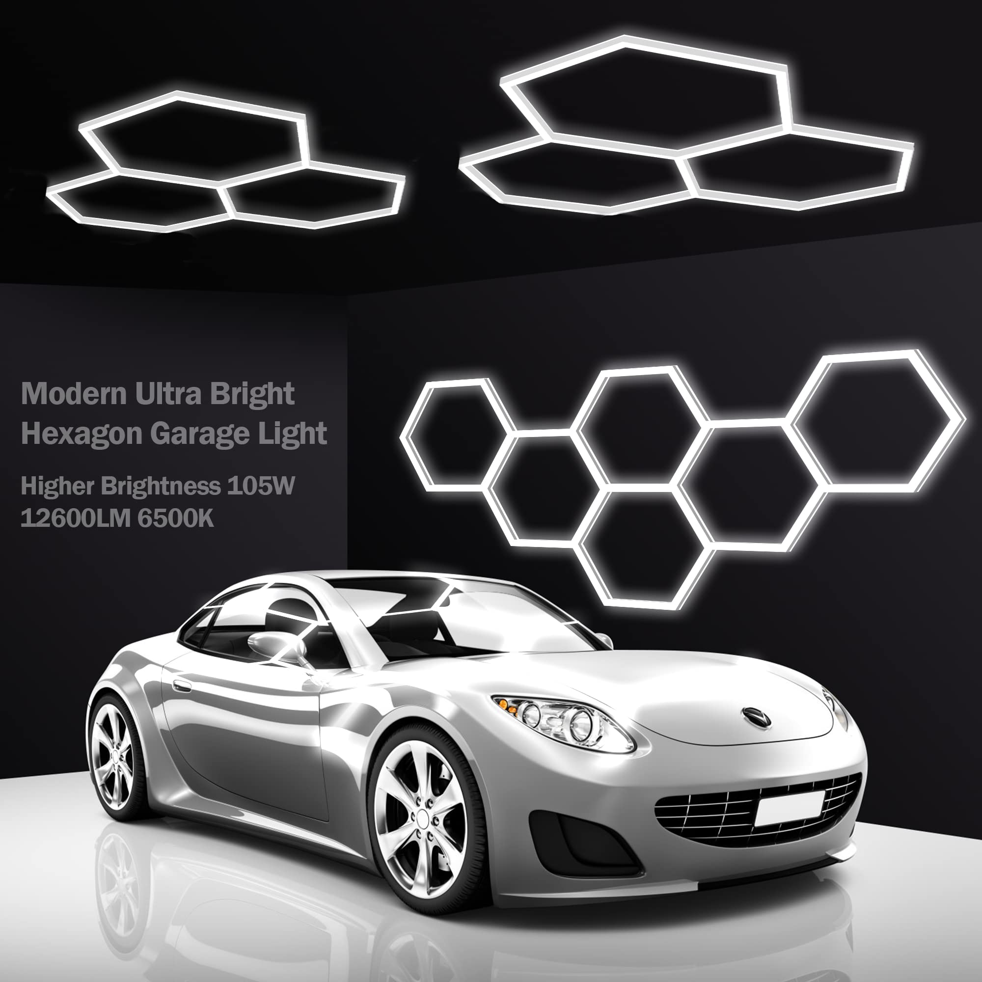 MODERN Hexagon LED Light,105W 12600LM 6500K, 3 Hexagonal LED Shop Light for Auto Shops, Malls & Work Areas