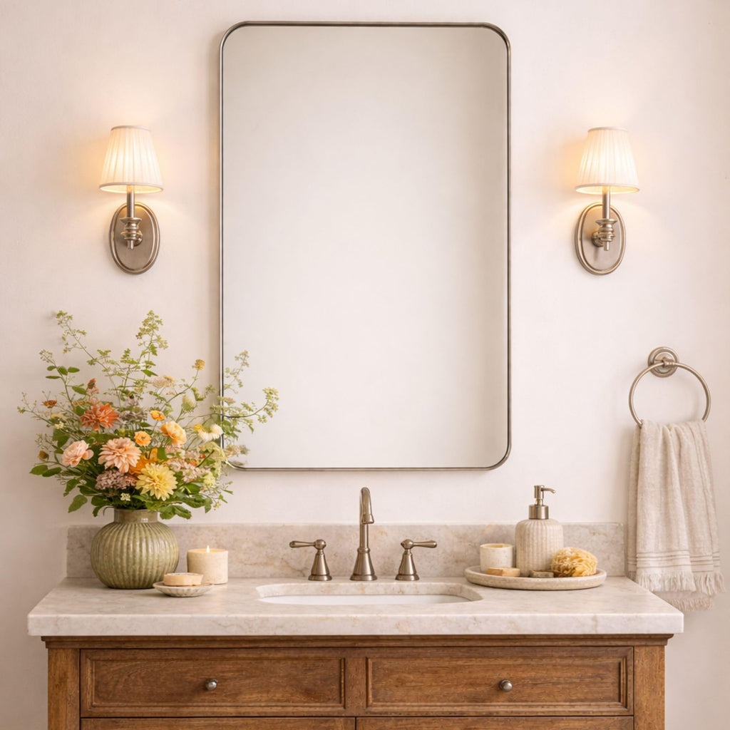 GRACTO 20x30 inch Brushed Nickel Stainless Steel Metal Framed Bathroom Mirror for Wall Mounted Rounded Rectangular Bathroom Vanity Mirror
