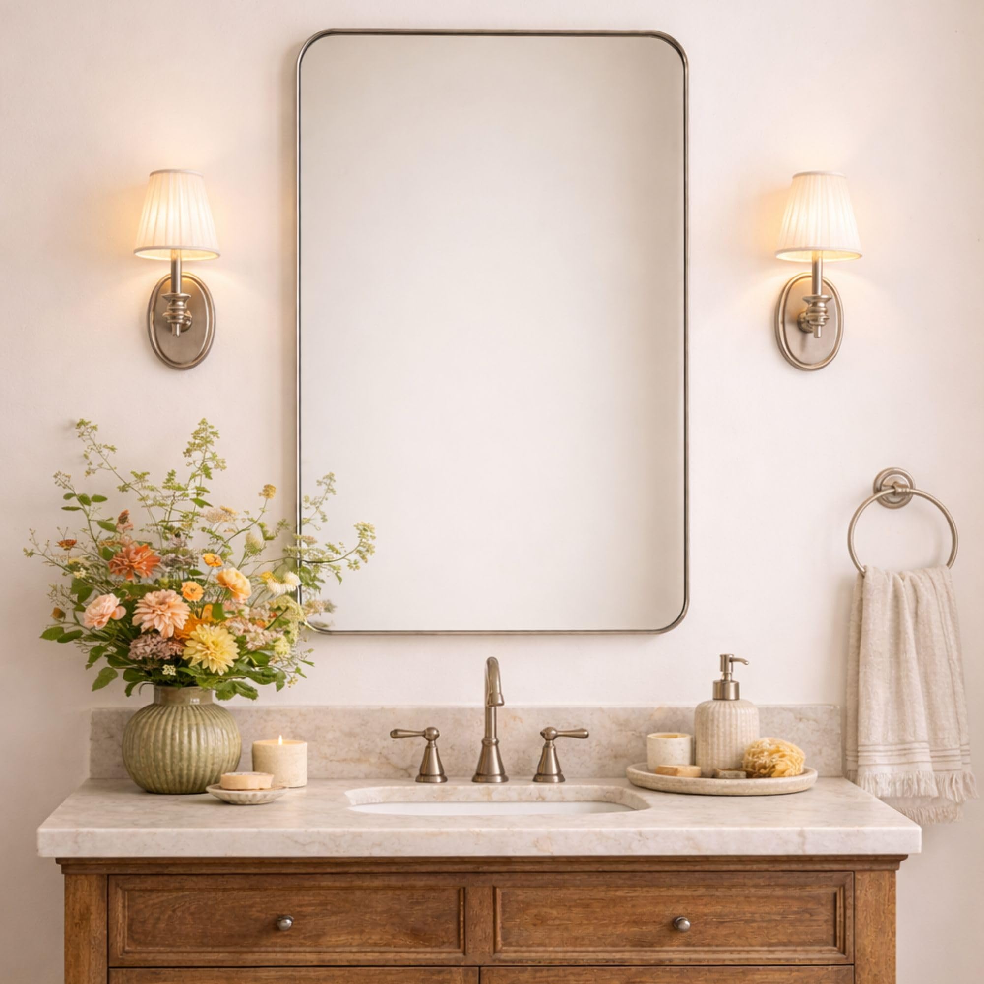 GRACTO 20x30 inch Brushed Nickel Stainless Steel Metal Framed Bathroom Mirror for Wall Mounted Rounded Rectangular Bathroom Vanity Mirror