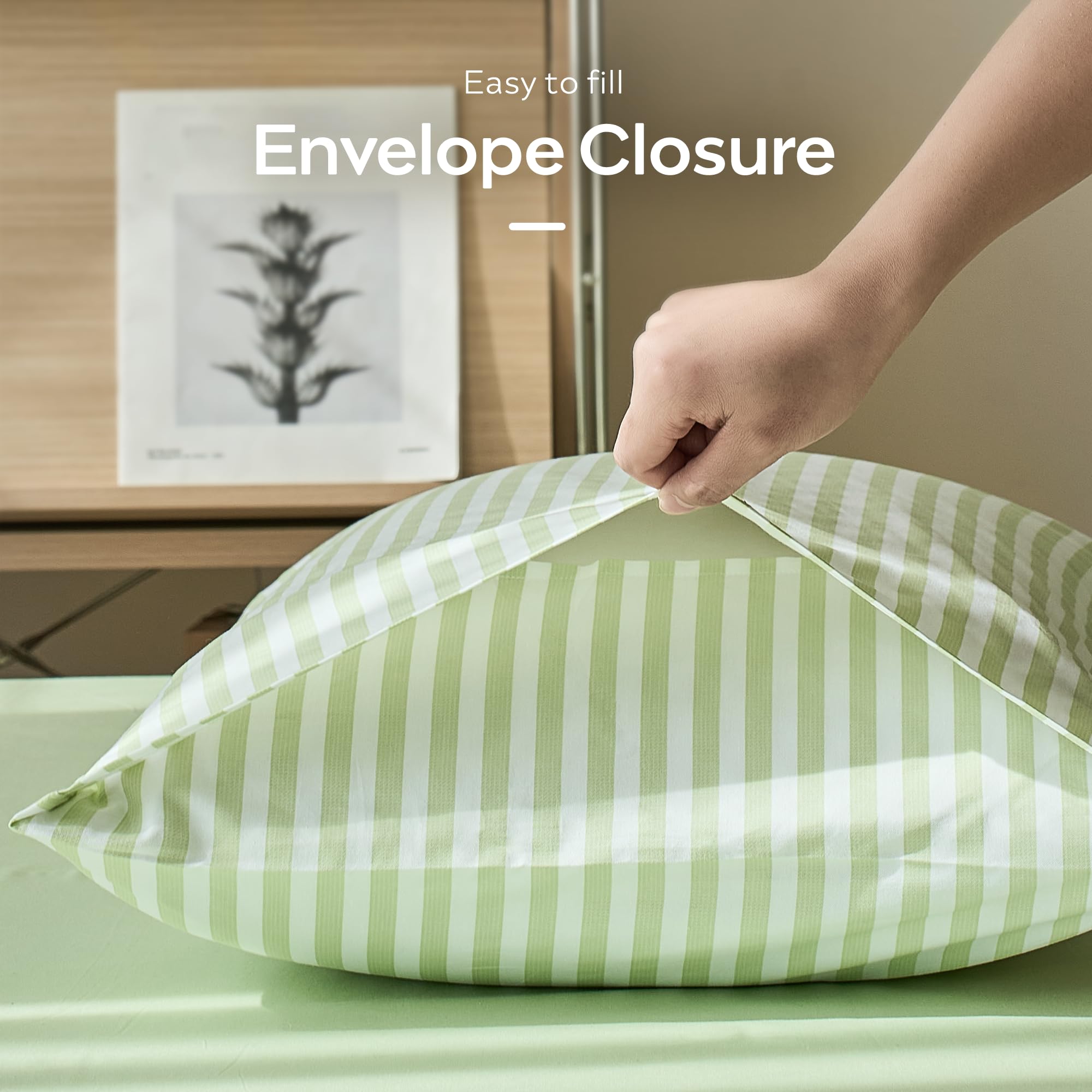 JELLYMONI Cotton Striped Pillowcases Set of 2, Sage Green, Standard | Soft breathable feel, Envelope closure, 400TC cotton, Machine washable, Gentle on skin