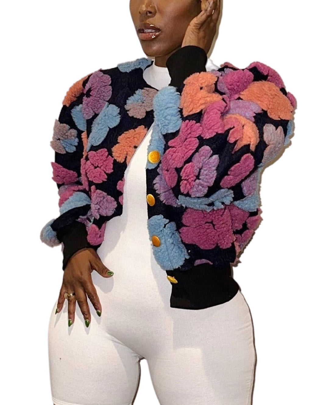 Womens Cropped Floral Print Jacket Warm Fleece Bomber Jacket Casual Button Down Coats Fall Puff Outerwears
