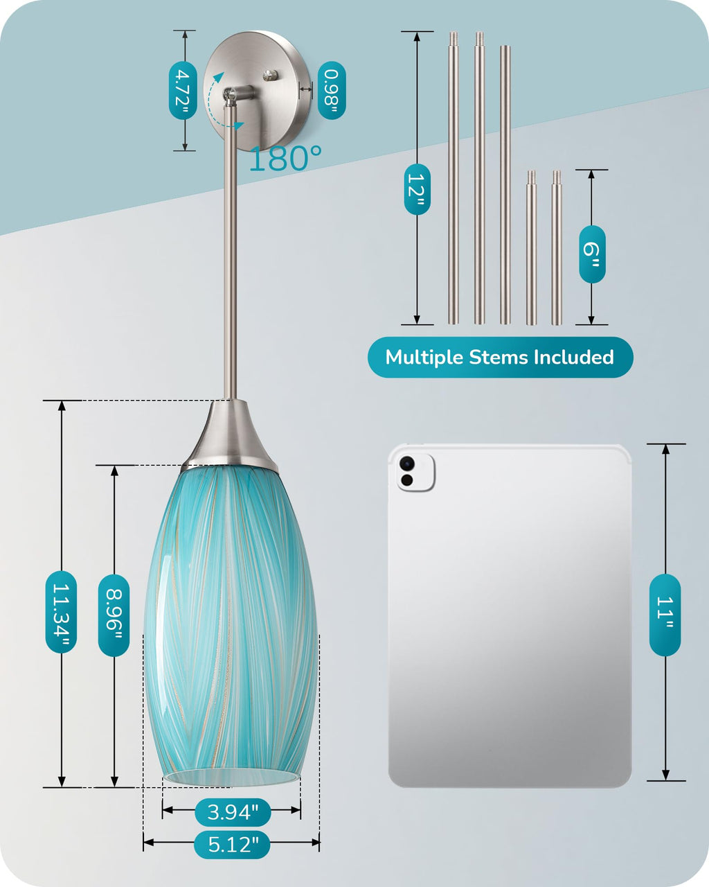EDISHINE Pendant Light, Hand Blown Hanging Light Fixture, Adjustable Brushed Nickel Rods, 5.12" D x 11.4" H Shade, Blue Glass Pendant Lighting for Kitchen Island, Sink, Bathroom, Dining Room