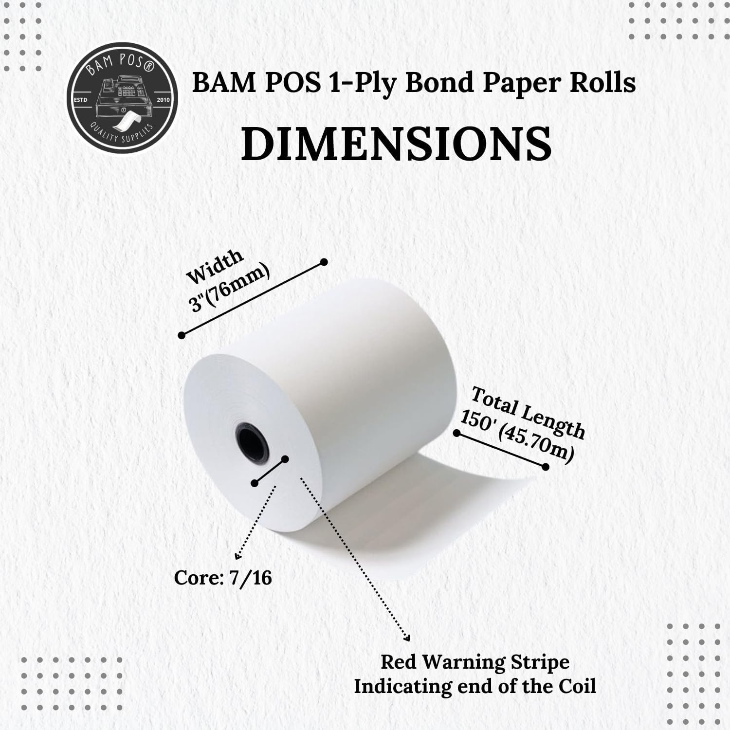 BAM POS 3" x 150' 1ply Bond (Non-Thermal) Receipt Paper Rolls for Kitchen Impact Printers TMU200, SRP275 Star SP700 - Suitable For Printing Kitchen Tickets and Order receipts (12 Rolls Per Case)