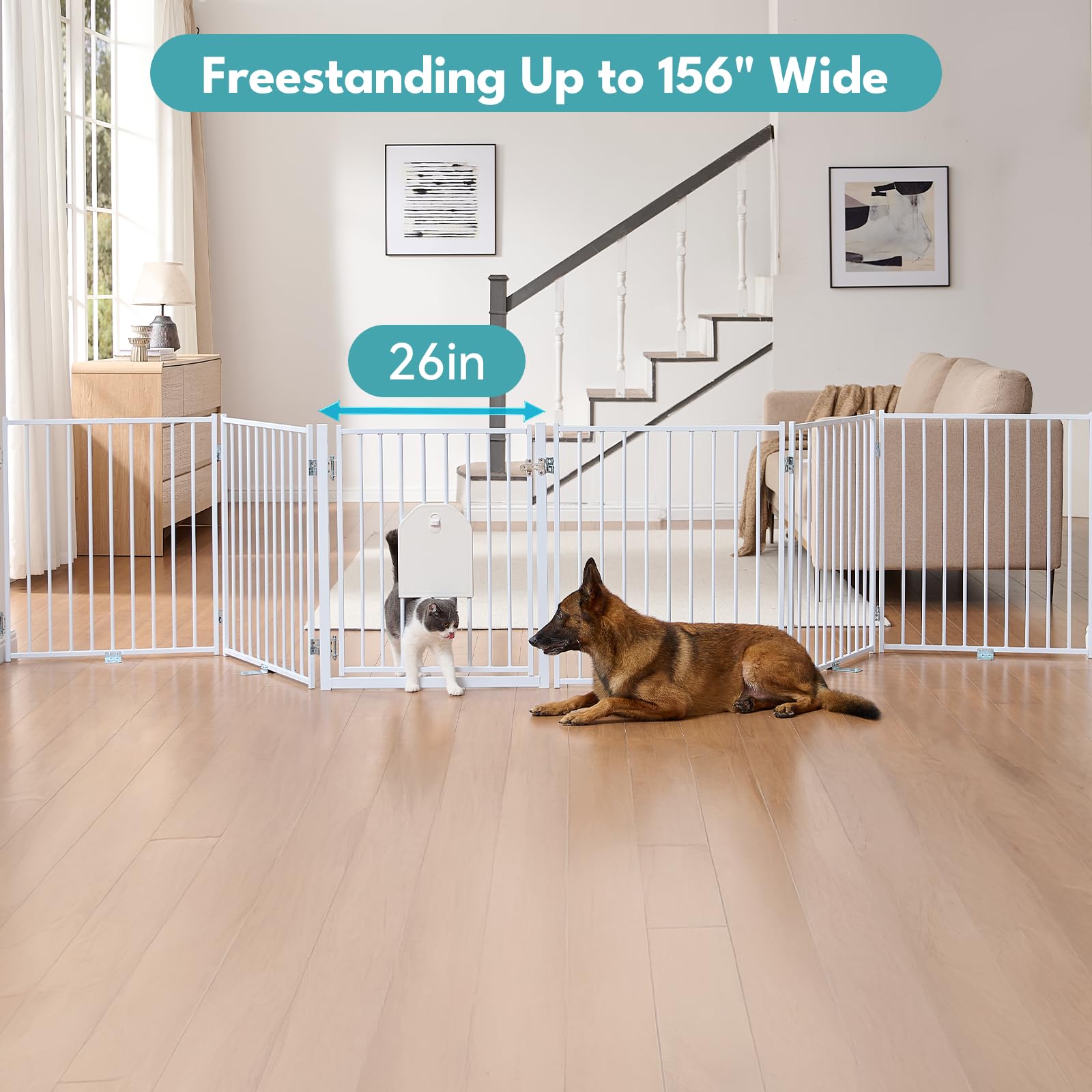 No Pawblems Free Standing Dog Gate, 30" Tall Foldable Dog Fence for Indoor, Up to 52 Inch Extra Wide Puppy Gate Extension for Stairs, Hallways, Doorways, Deck, Yard (White, 2 Panels)