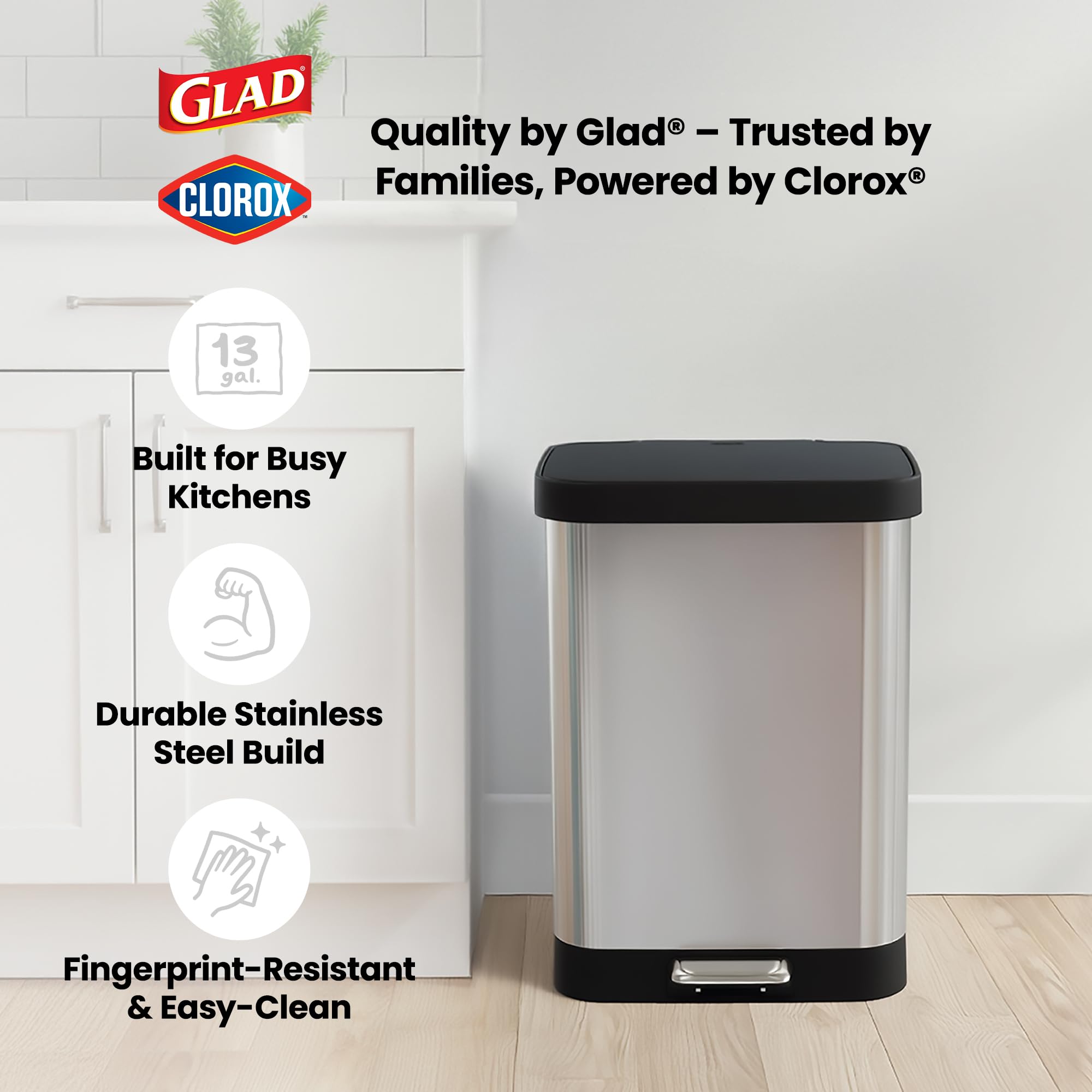 Glad 13 Gallon All Brushed Stainless Steel Trash Can with Clorox Odor Protection | Large Metal Kitchen Garbage Bin with Soft Close Lid, Garbage Bag Rings, Step On Foot Pedal and Waste Bag Roll Holder