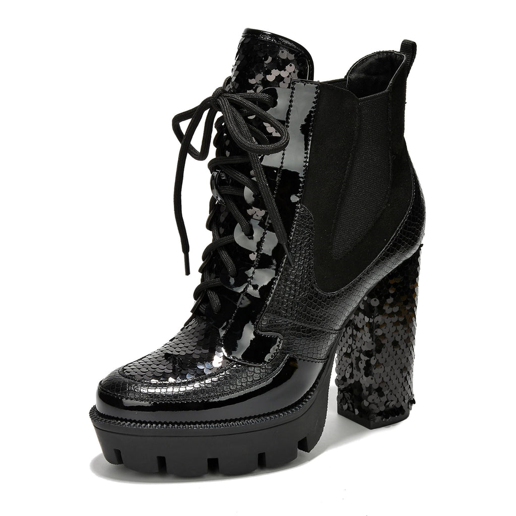 Cape Robbin Nell Heeled Boots for Women Sparkly Sequin Platform Chelsea Boots Women - Chunky Block Heels with Sequined Tongue and Heel - Stylish Glitter Ankle Boots for Women