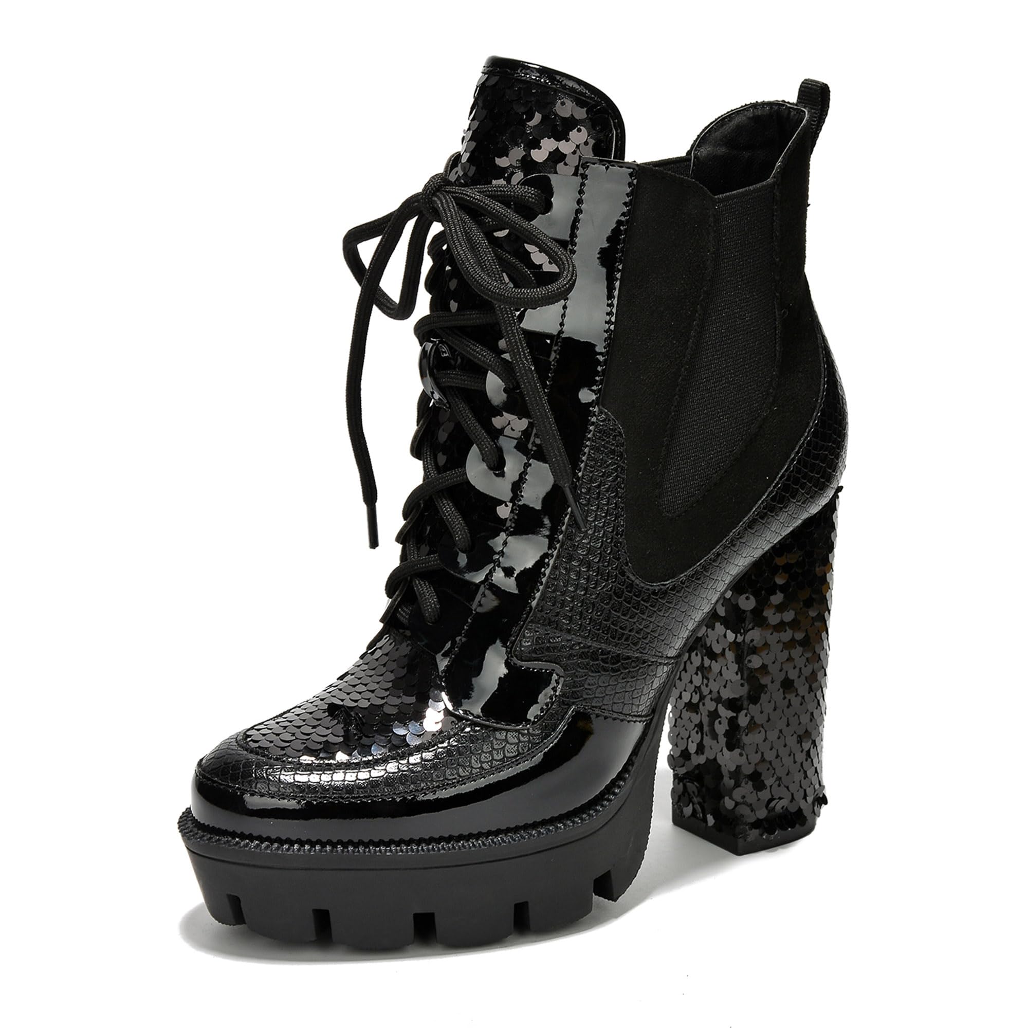 Cape Robbin Nell Heeled Boots for Women Sparkly Sequin Platform Chelsea Boots Women - Chunky Block Heels with Sequined Tongue and Heel - Stylish Glitter Ankle Boots for Women