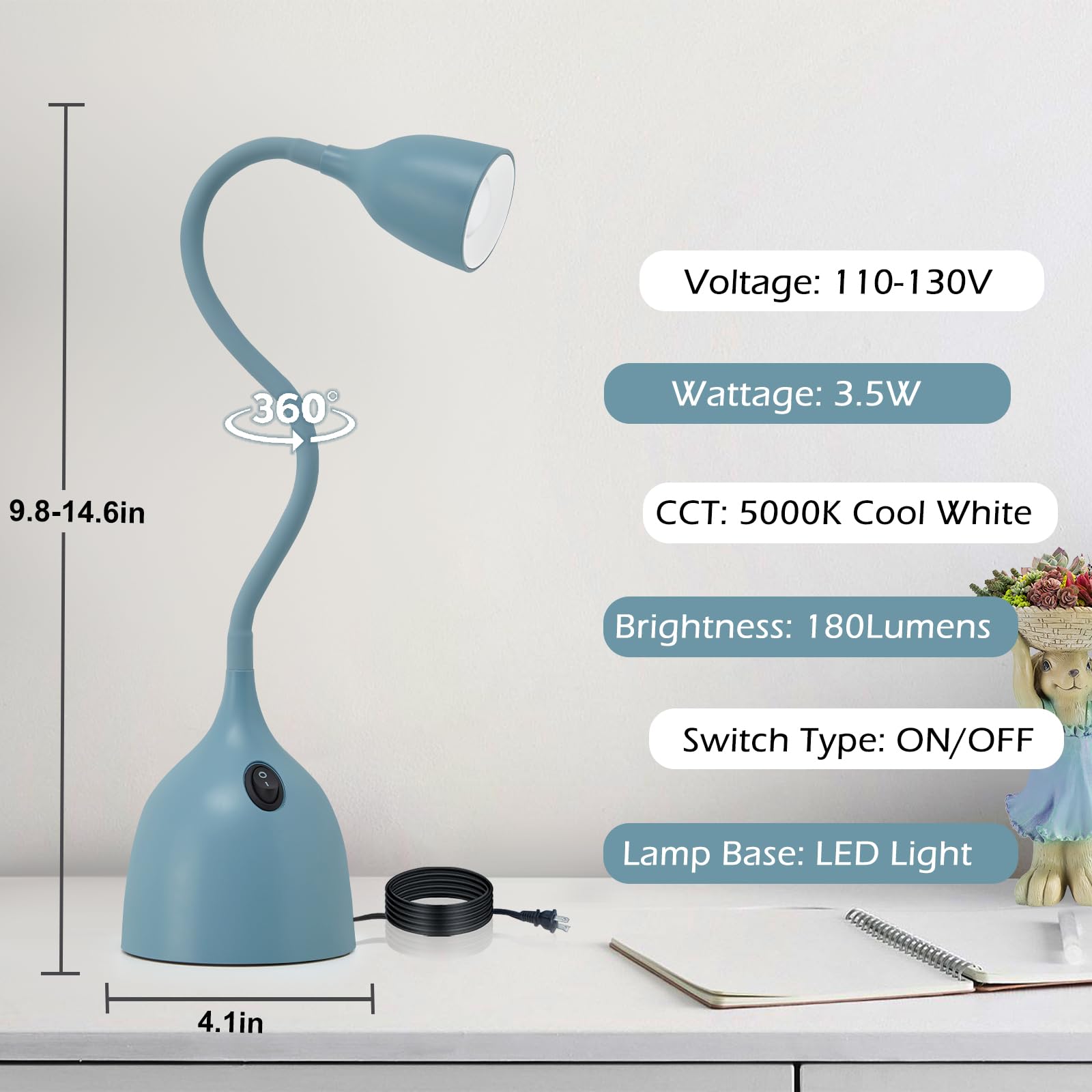EJIAXIN Gooseneck Desk Lamp 360° LED Flexible Reading Light Small Desk Lamps for Small Spaces Home Office Bedroom College Dorm Desk Bookshelf Nightstand Table Lamp (Purple)