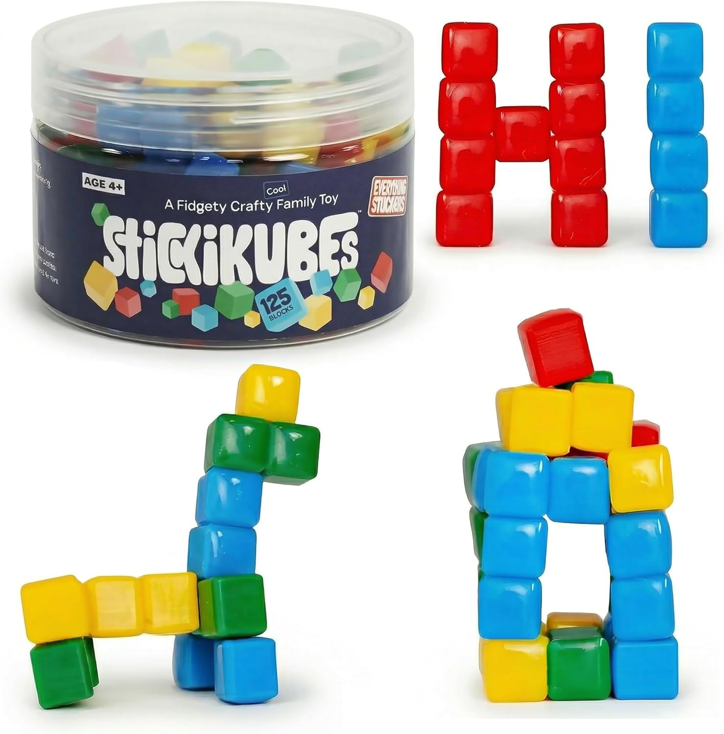 KOMARC GAMES StickiKubes - Mini STEM Building Blocks that Stick to Anything - 125 Non Toxic Sensory Stacking Cubes in 4 Colors