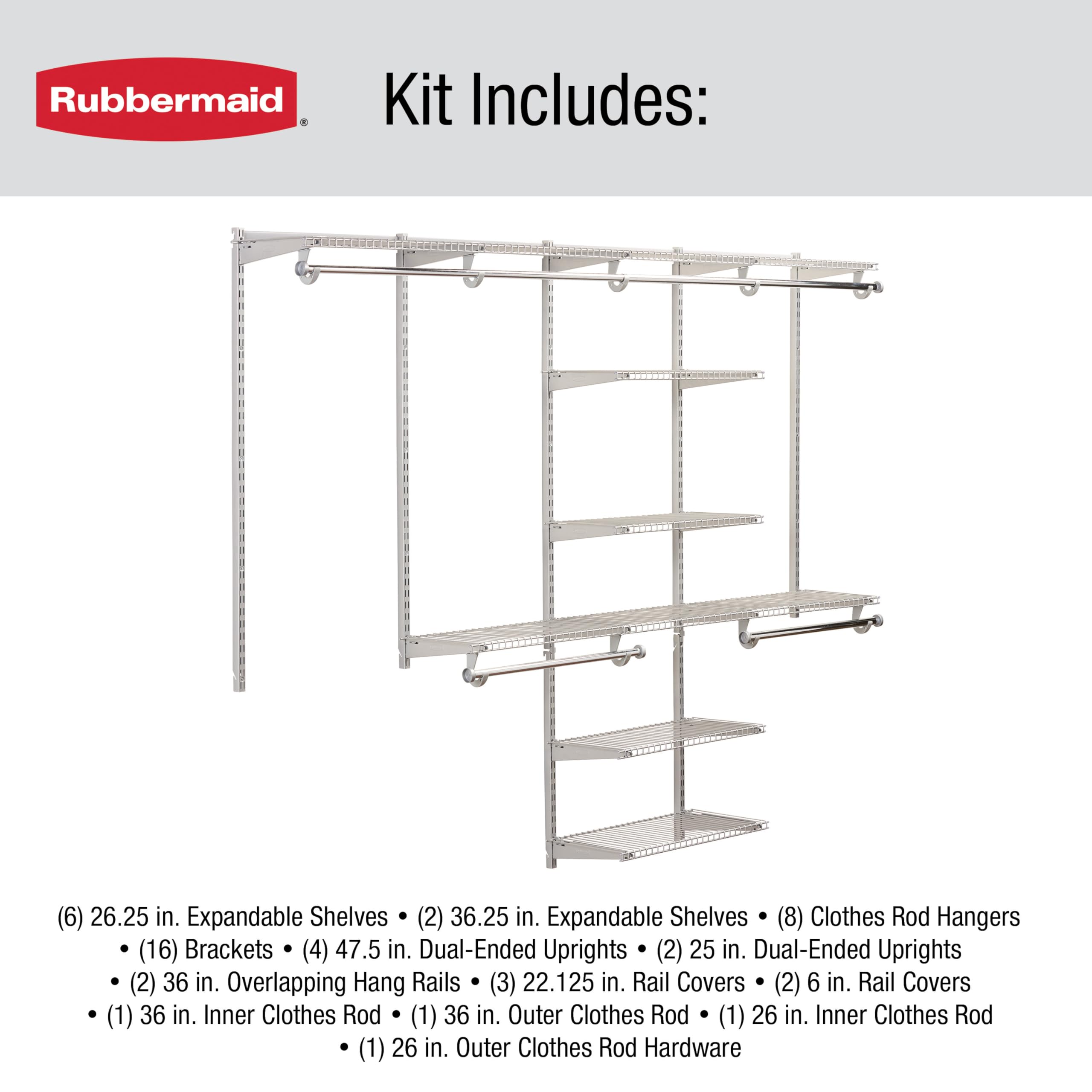 Rubbermaid Configurations Deluxe Custom Closet Kit, 3-6 Ft. Adjustable Metal Wire Shelving, Titanium Finish, Expandable Organization System, Hardware Included, for Home Closet/Pantry/Laundry/Mudroom