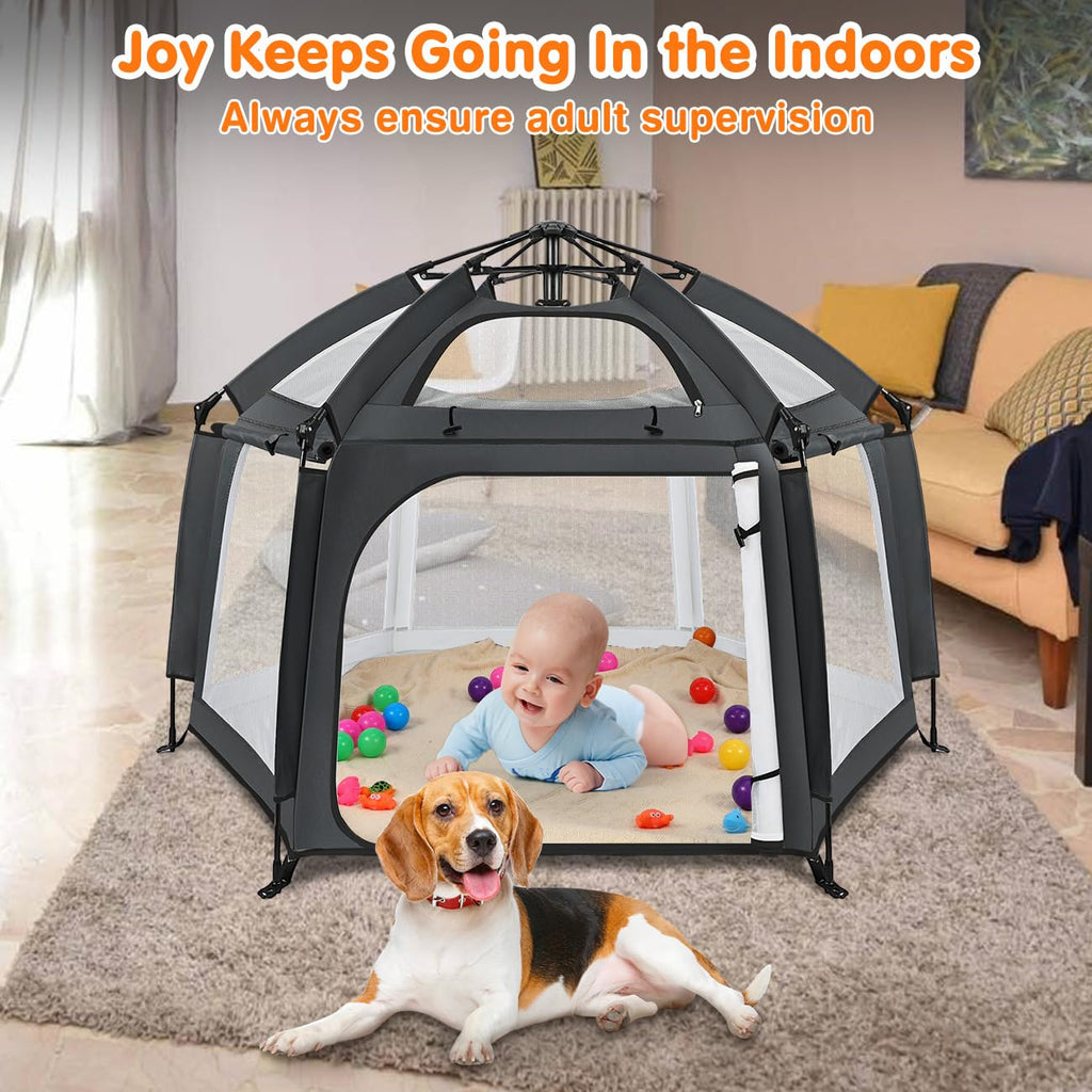 Pop Up Playpen for Baby, Portable Playpen for Babies and Toddlers with Removable Sun-Shades& 2 Side UV Covers, Lightweight Outdoor Baby Play-Pen for Beach Home with Travel Bag, Beige