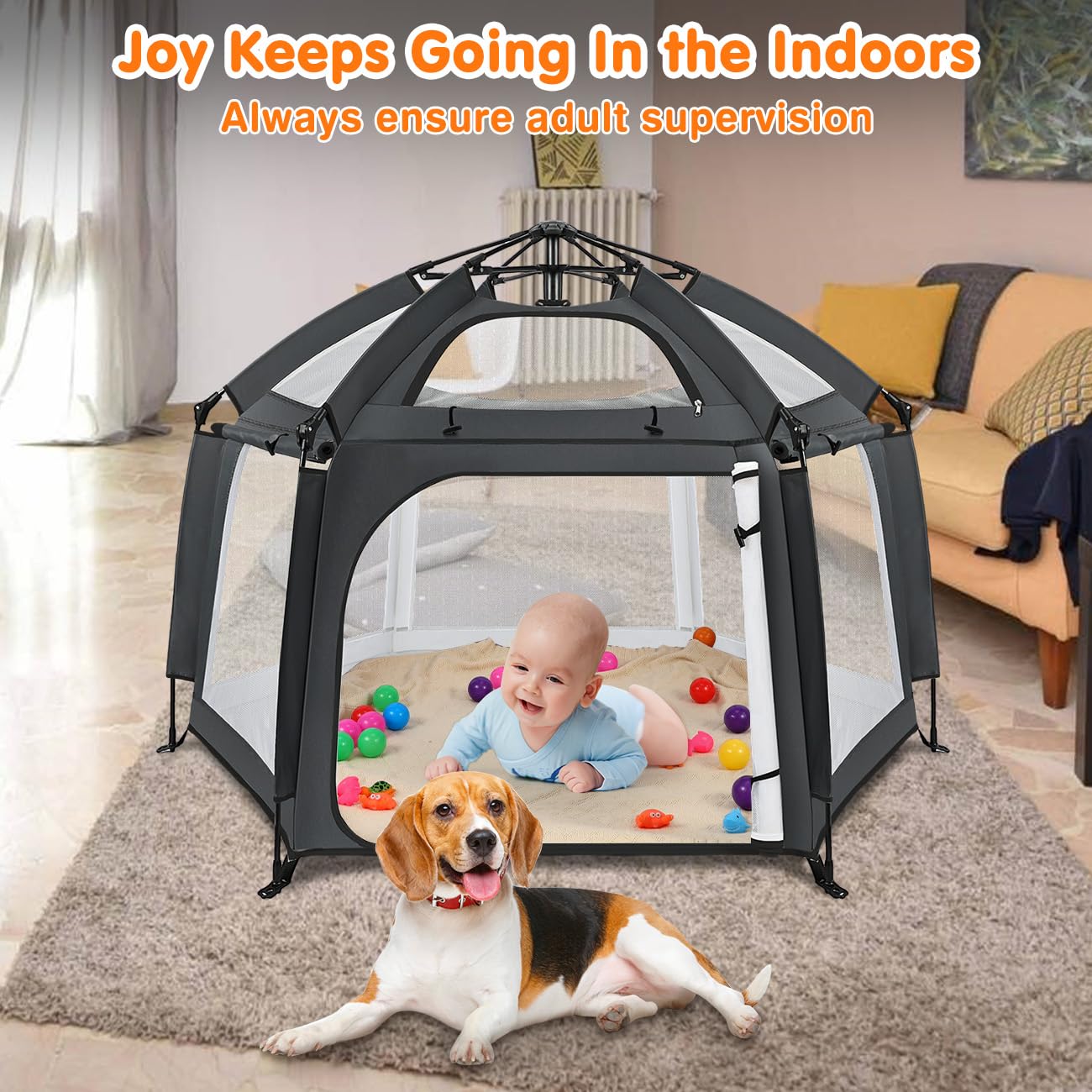 Pop Up Playpen for Baby, Portable Playpen for Babies and Toddlers with Removable Sun-Shades& 2 Side UV Covers, Lightweight Outdoor Baby Play-Pen for Beach Home with Travel Bag, Beige