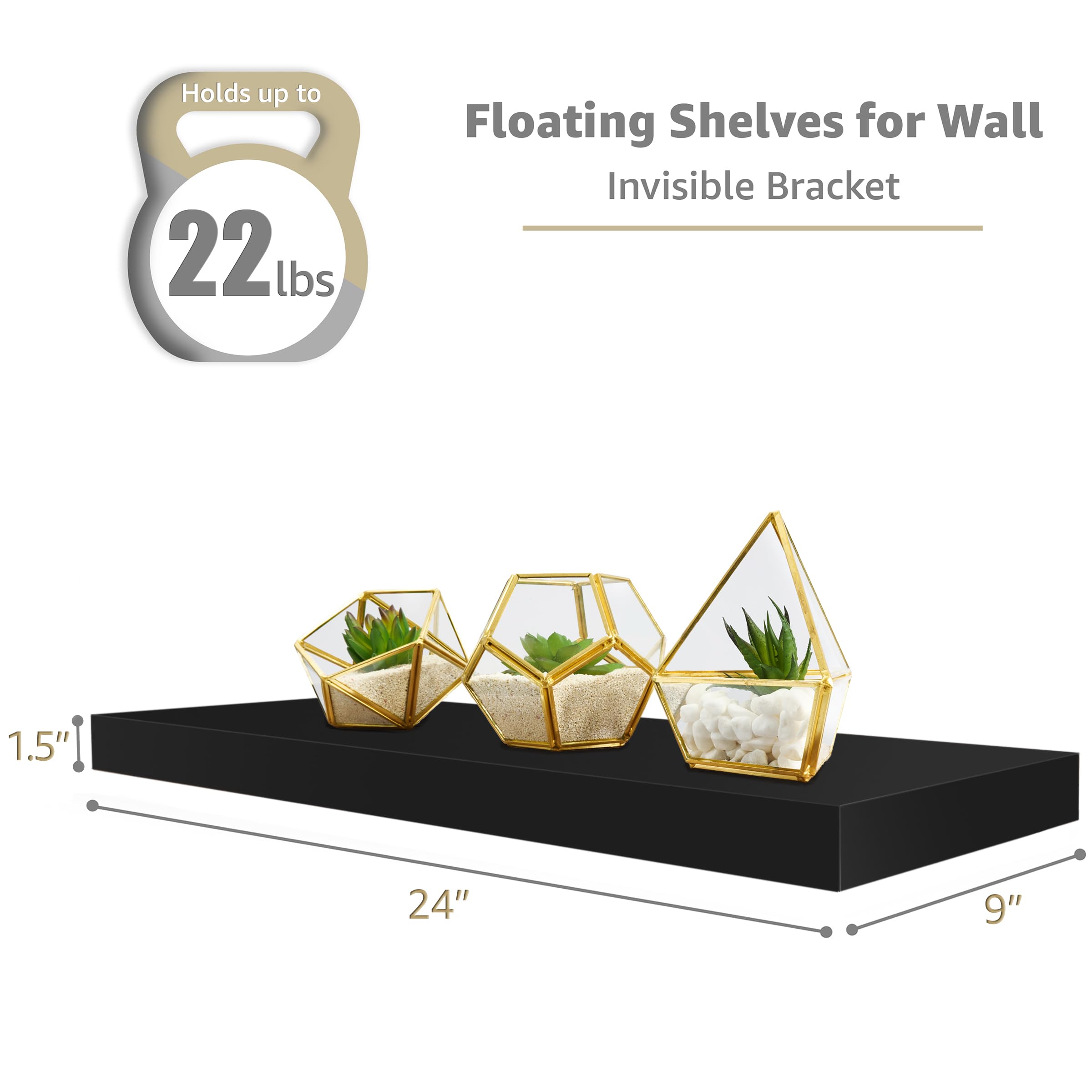 Sorbus Floating Shelves for Wall - 24" Bathroom Shelves, Wall Decor for Bedroom, Kitchen, Living Room, Home Decor & Book Storage - Mounted Floating Shelf with Invisible Brackets (Black, 2 Pack)