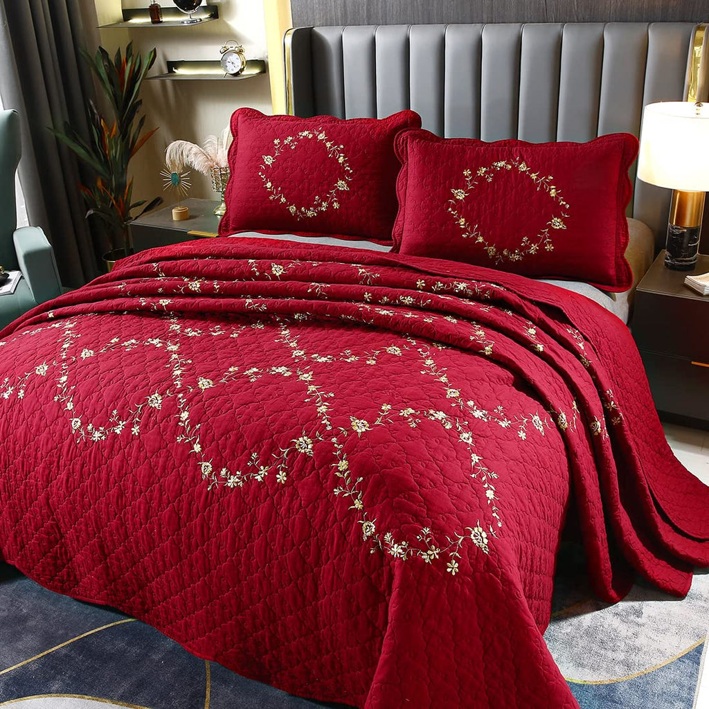 vctops 3-Piece Floral Embroidered Bedspread Coverlet Set Twin Size 100% Cotton Reversible Patchwork 1 Quilt and 2 Pillow Shams (Flower,Twin)