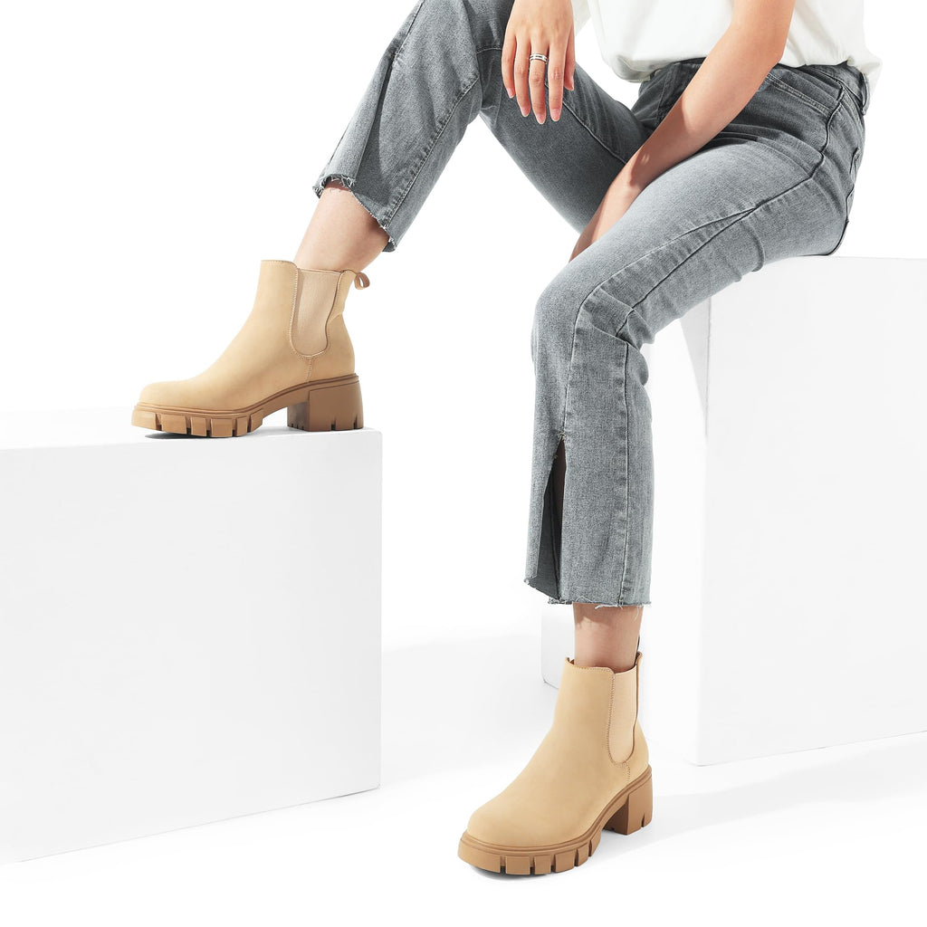 DREAM PAIRS Women's Elastic Chelsea Ankle Boots Platform Low Chunky Block Heel Lug Sole Slip on Fall Heeled Booties Shoes