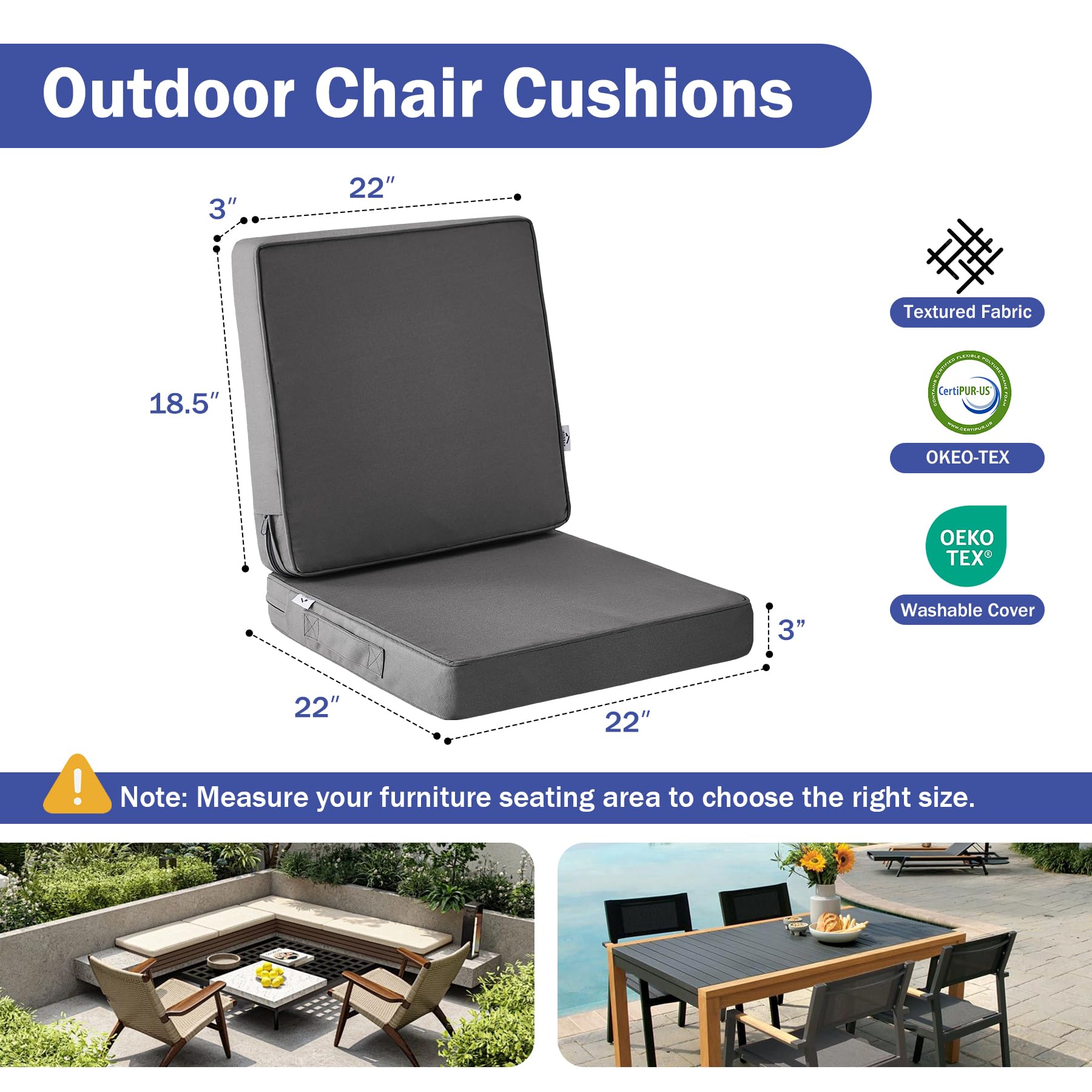 IPYNBAP Outdoor Cushions, Outdoor Chair Cushions 22x22x3 Inch, Cushions for Outdoor Furniture with Removable Cover, Waterproof & Fade Resistant Outdoor Seat Cushions for Patio, Lawn, Beige