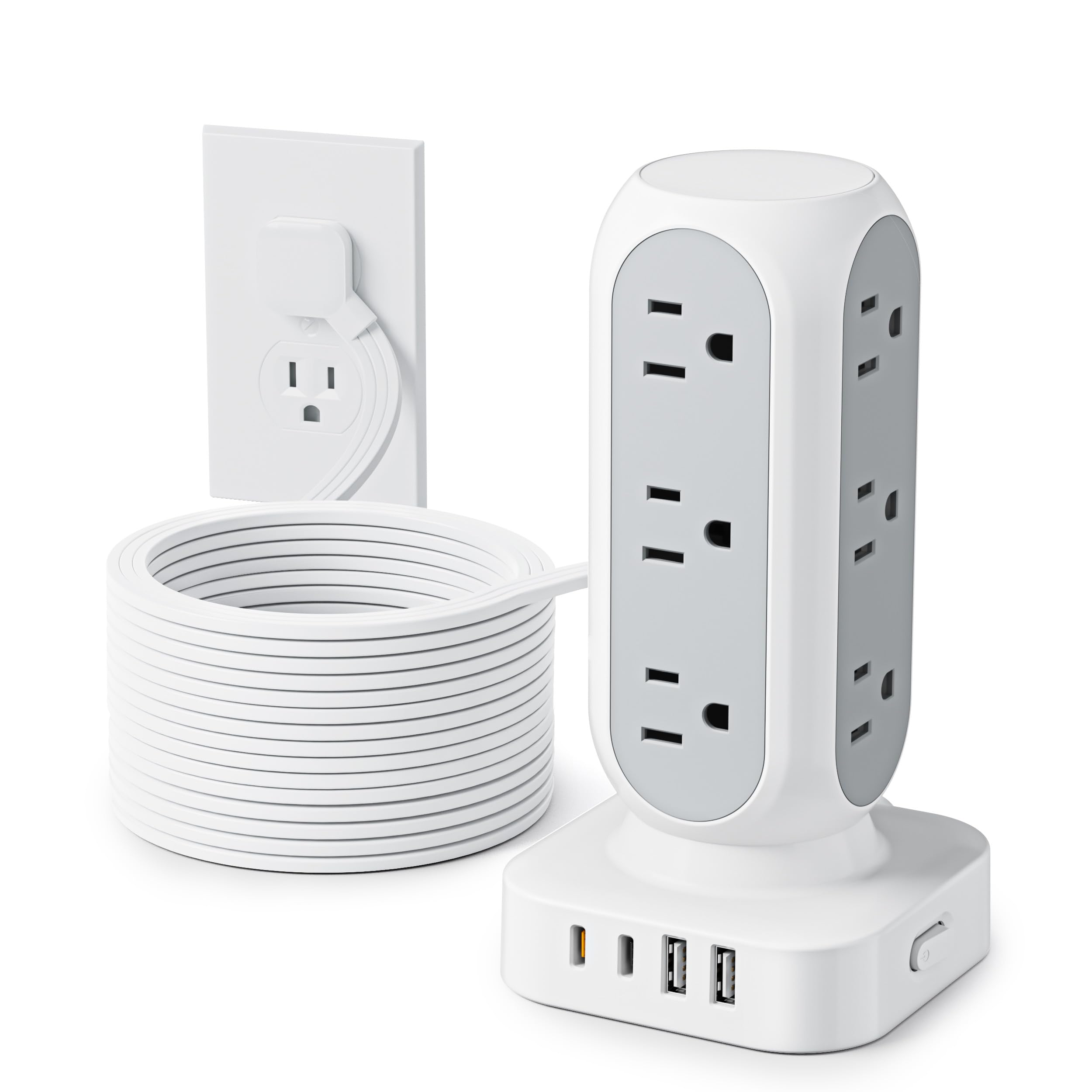 Flat Plug Power Strip Tower, TenTrend Dual PD 20W USB-C Charger Tower with 12 AC Outlets & 8 USB Ports (4 USB C), 40W Total Fast Charging Station, 10FT Extension Cord for Desk Office Dorm Room