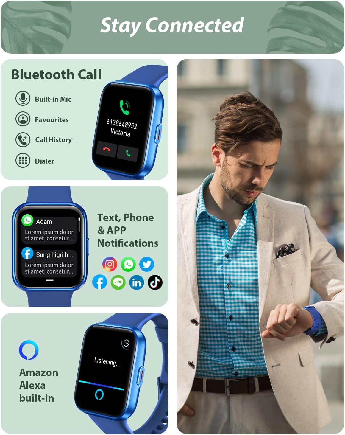 Tensky Smart Watch for Men/Women Android/iPhone/Samsung, Alexa Built-in, 1.8" Touch Screen Fitness Tracker with Answer/Make Calls, 3ATM Waterproof Heart Rate/Sleep/SpO2 Monitor, 120+ Sport Modes