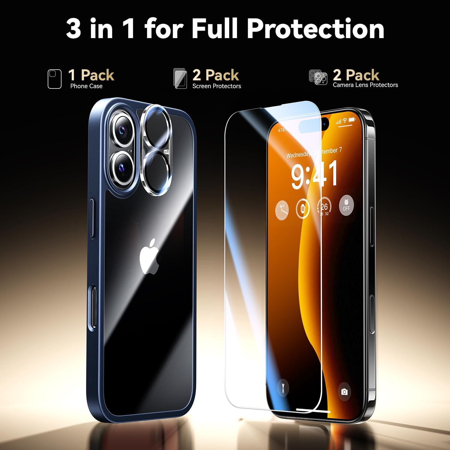 Opxyl Not Yellowing for iPhone 16 Case Clear, 360° Protection with 2X Screen Protector + 2X Camera Lens Protector, Military Grade Shockproof Phone Case Slim Cover for iPhone 16, Blue
