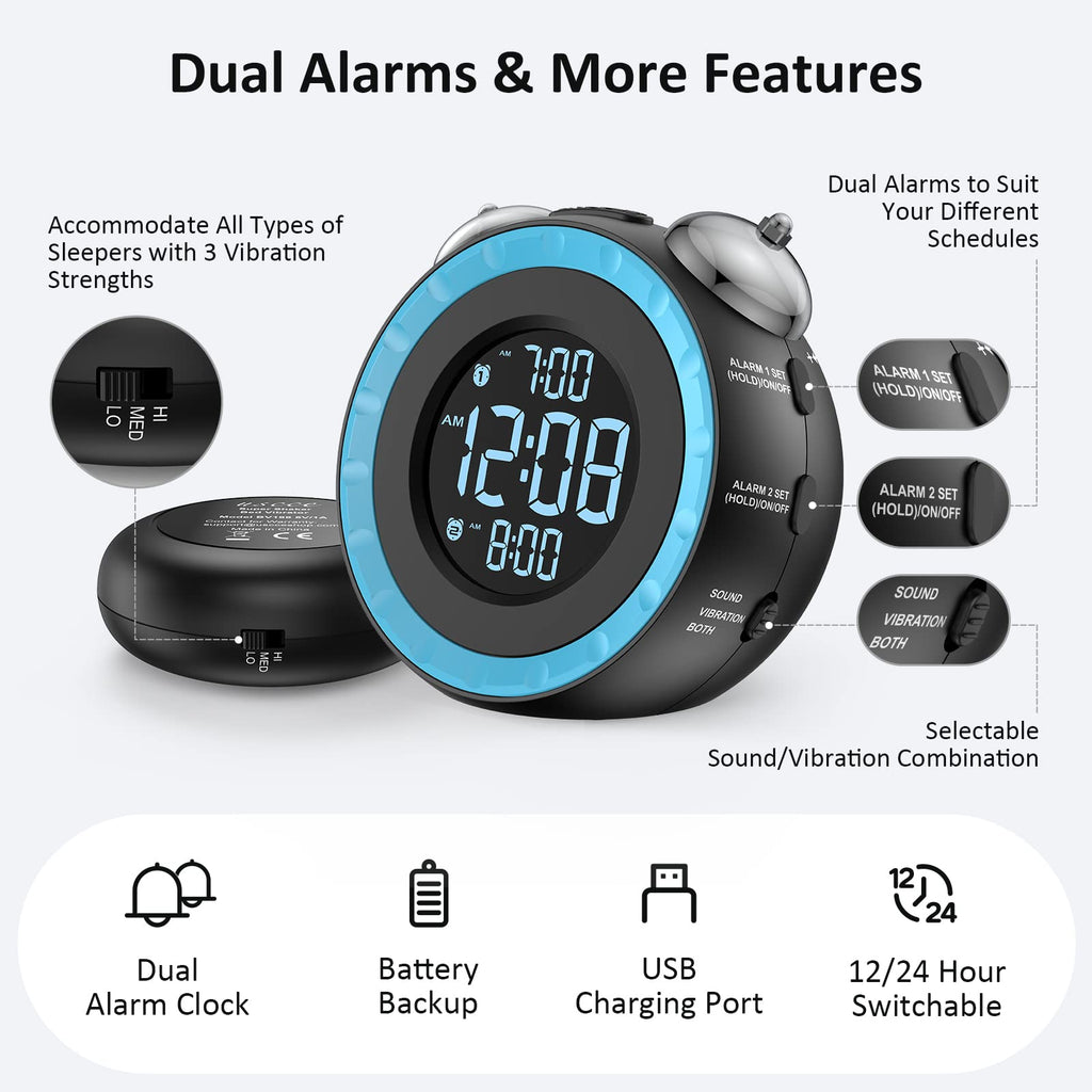 uscce Loud Dual Alarm Clock with Bed Shaker - 0-100% Dimmer, Vibrating Alarm Clock for Heavy Sleepers or Hearing Impaired, Easy to Set, USB Charging Port, Snooze, Battery Backup
